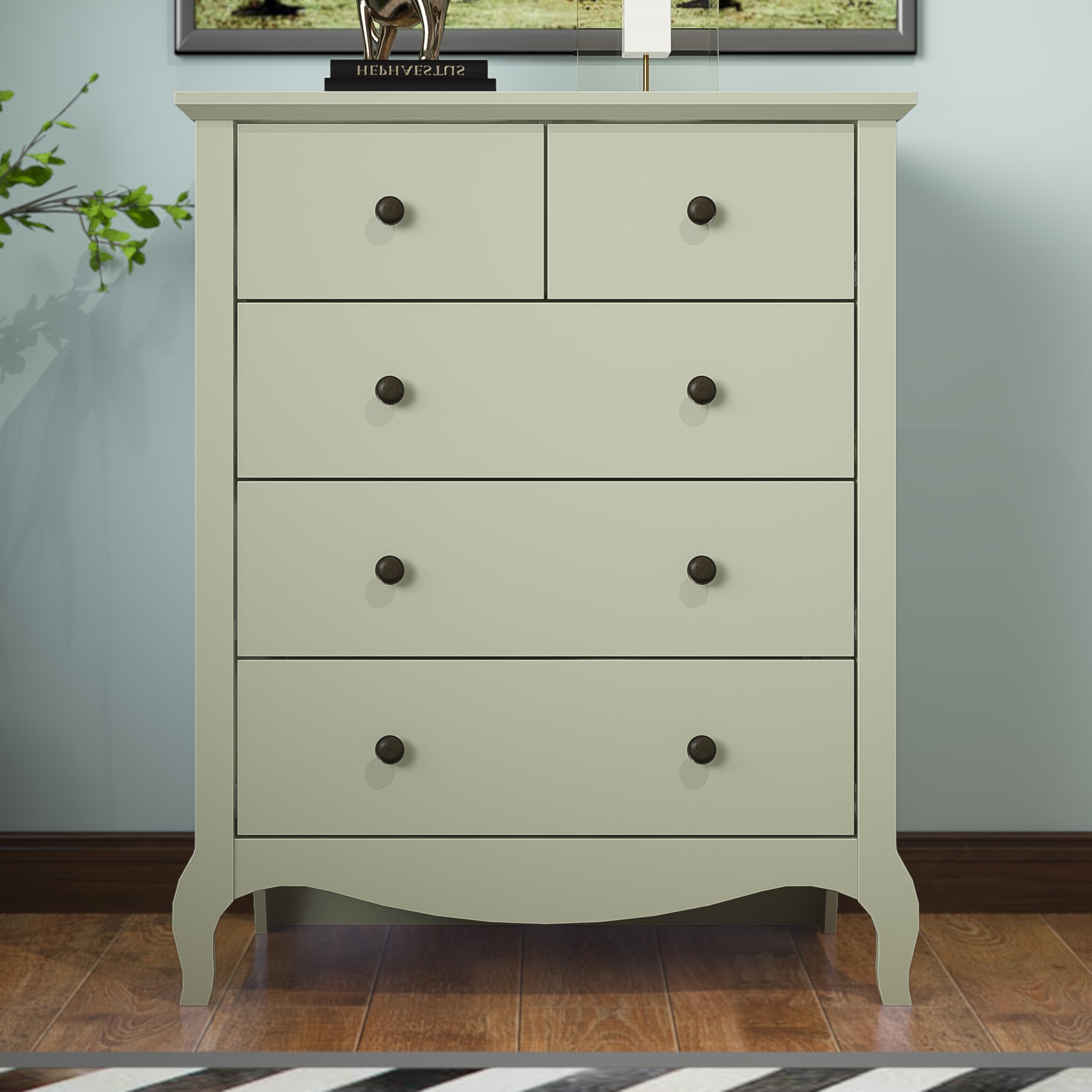Galano Stella 5-Drawer Chest – Modern Sage Green Wood Storage Cabinet