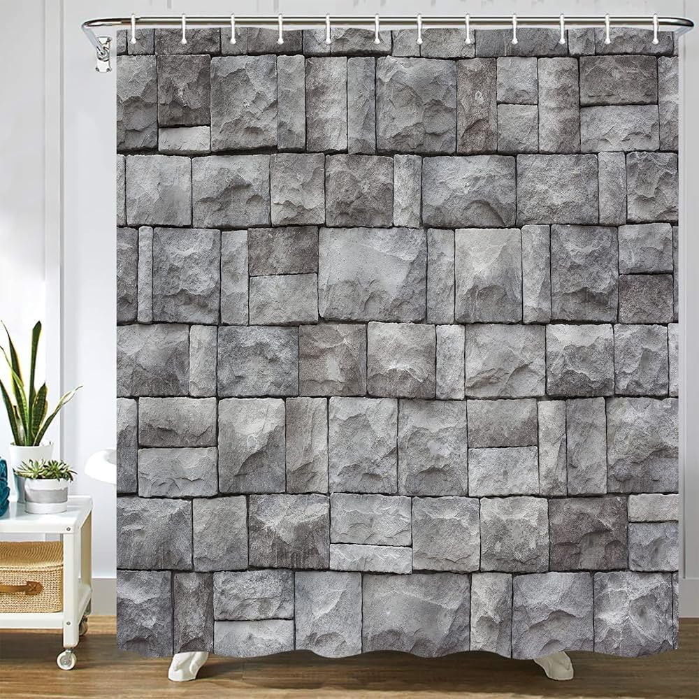 GardEssere Grey Stone Wall Shower Curtain | Waterproof Polyester with Hooks