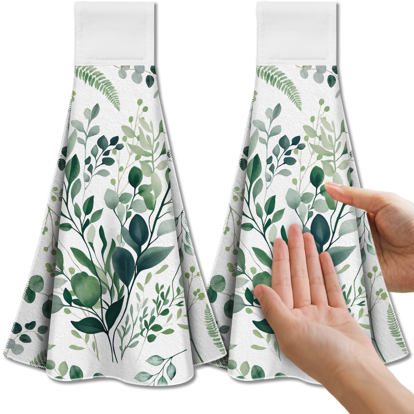 CUTHOLLOW Watercolor Green Leaves Hanging Kitchen Towels, Set of 2