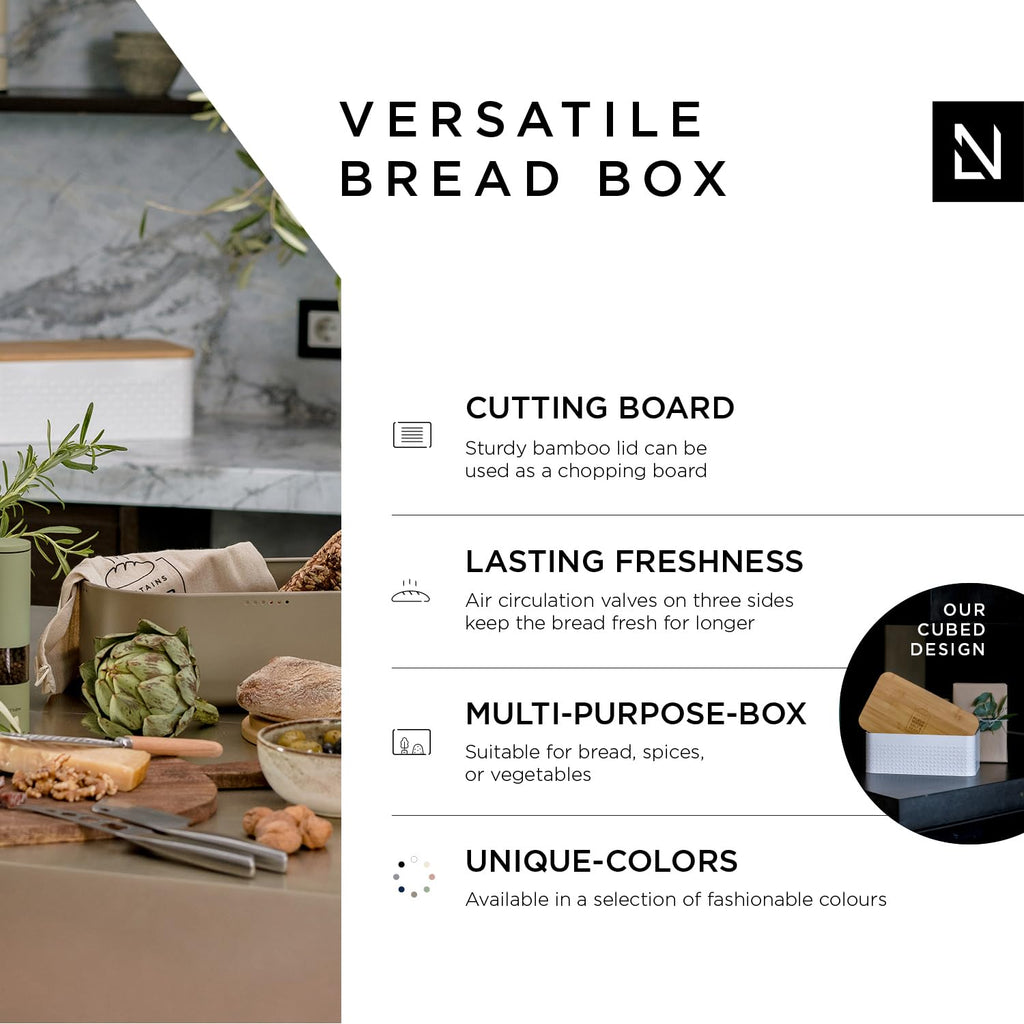 LARS NYSØM Metal Bread Box with Bamboo Cutting Board Lid & Linen Bag