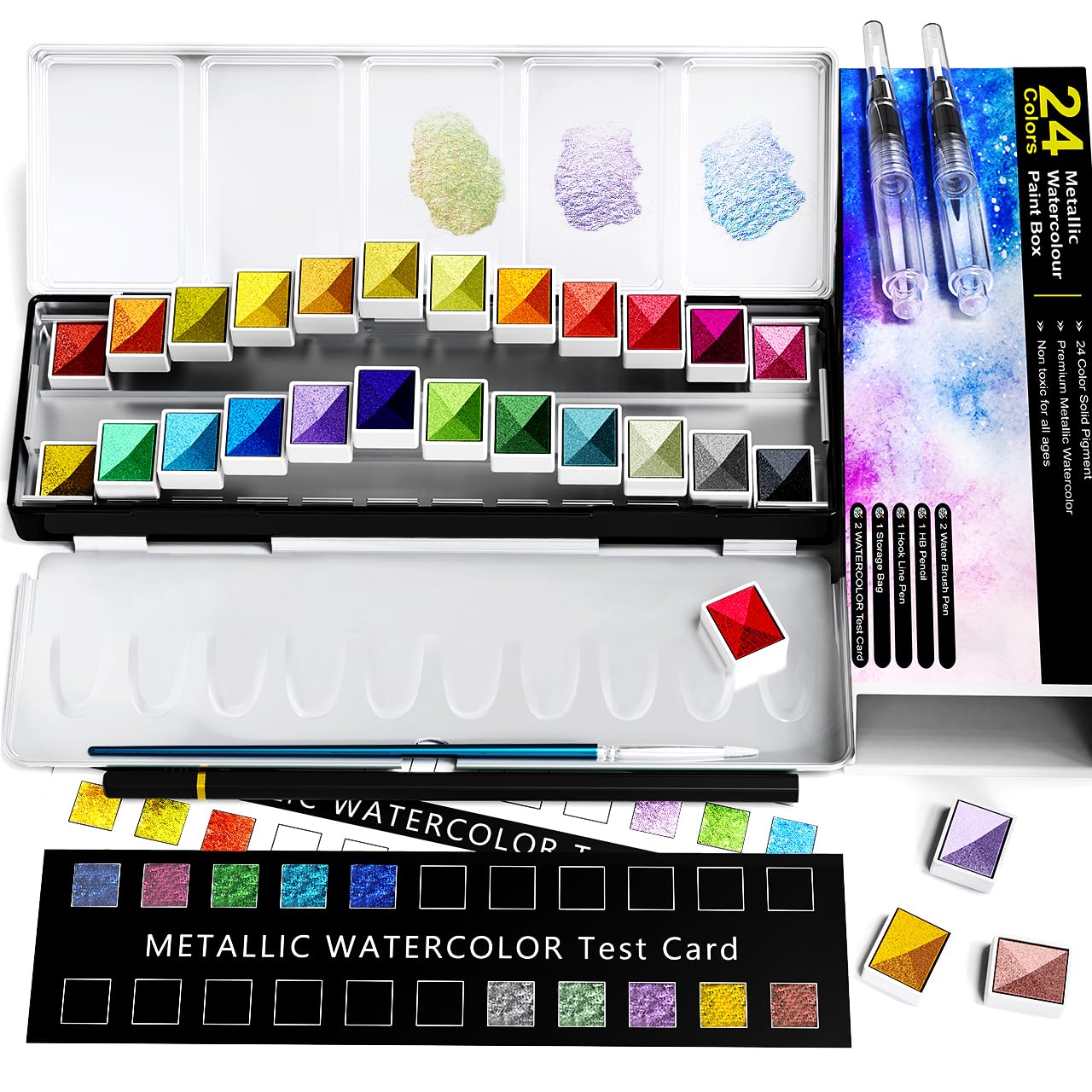 RATEL 24 Metallic Watercolour Paint Set – Glitter Solid Pigment Art Kit