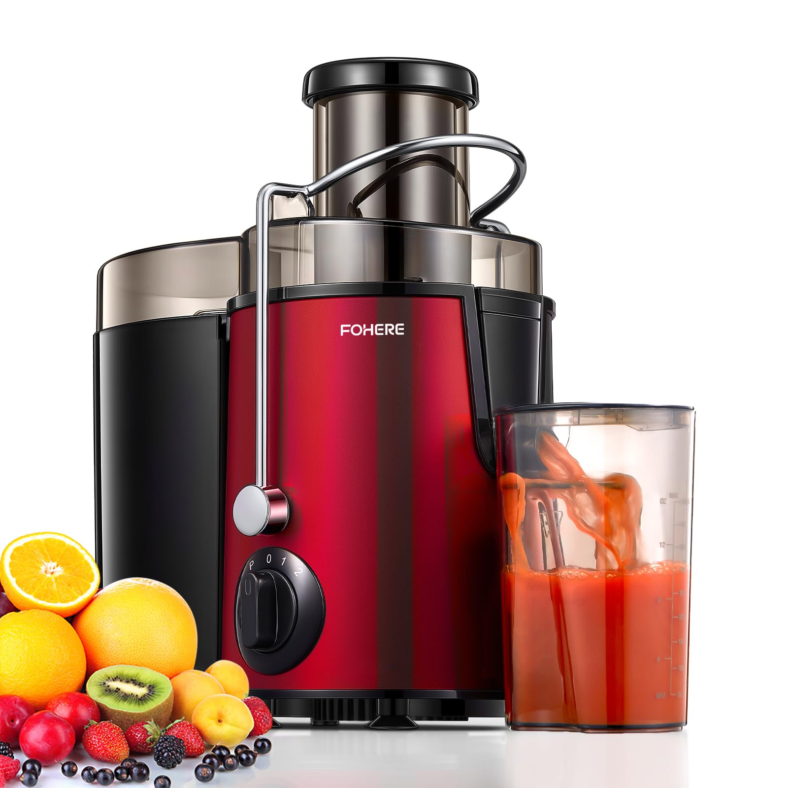 FOHERE Centrifugal Juicer Extractor – 3 Inch Feed Chute, 3-Speed, Red