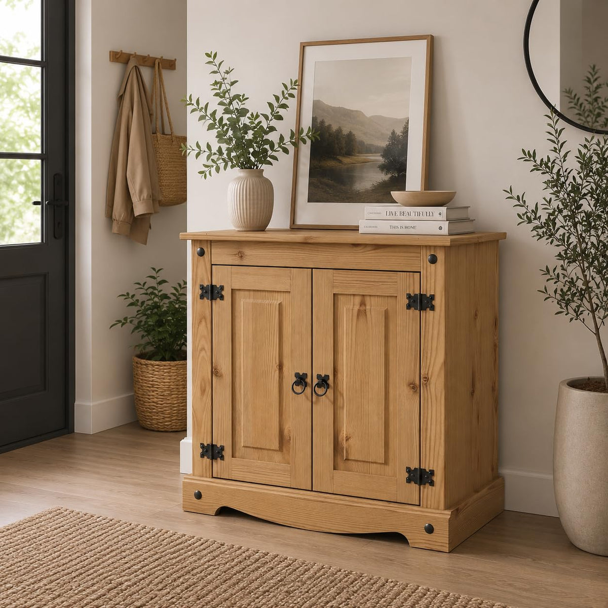 Corona Sideboard Cupboard 2 Door Solid Pine Wood with Wax Finish Mexican Style Black Metal Hardware Internal Shelf - image 4