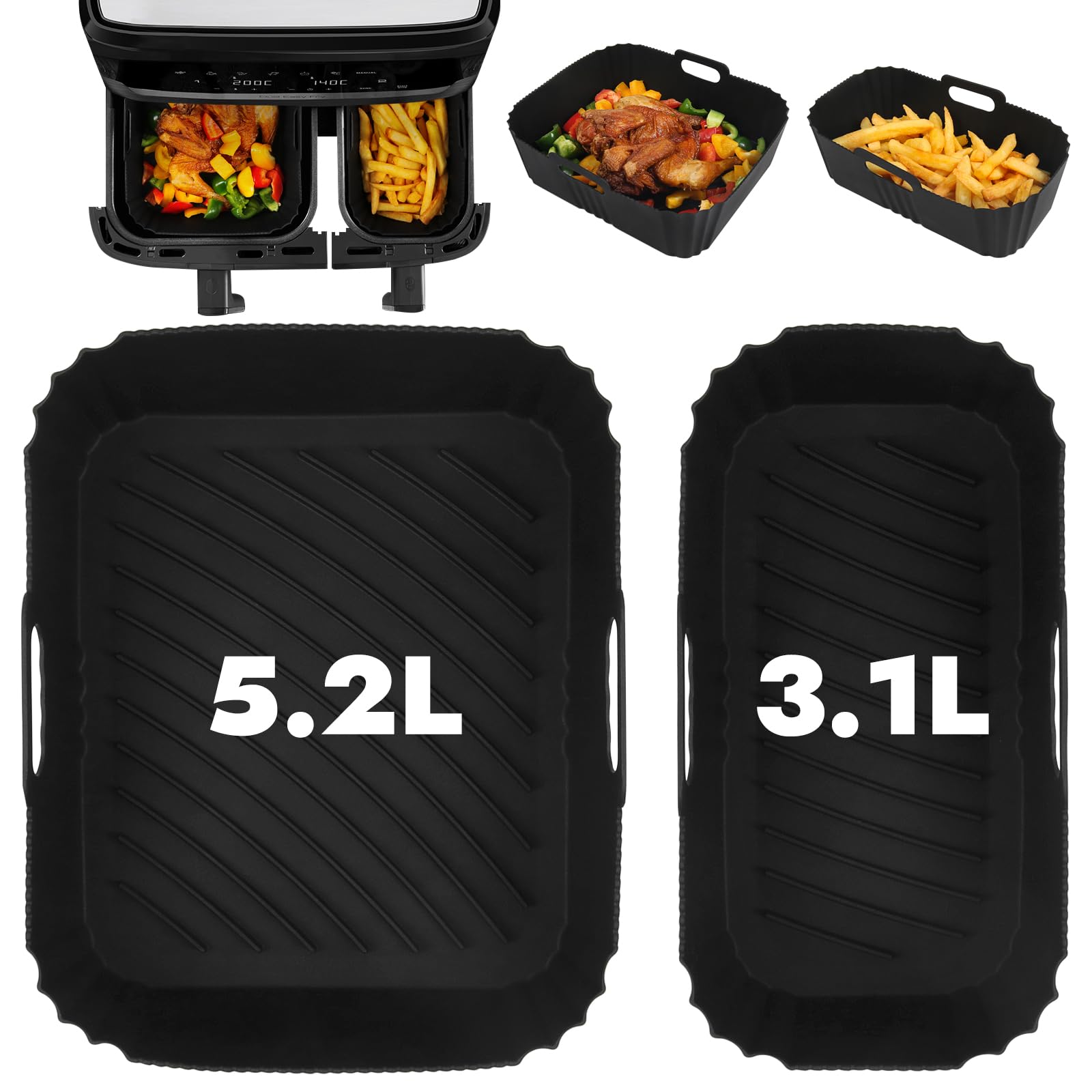 GINOYA Silicone Air Fryer Liners for Dual Drawer - Reusable 2-Piece Set