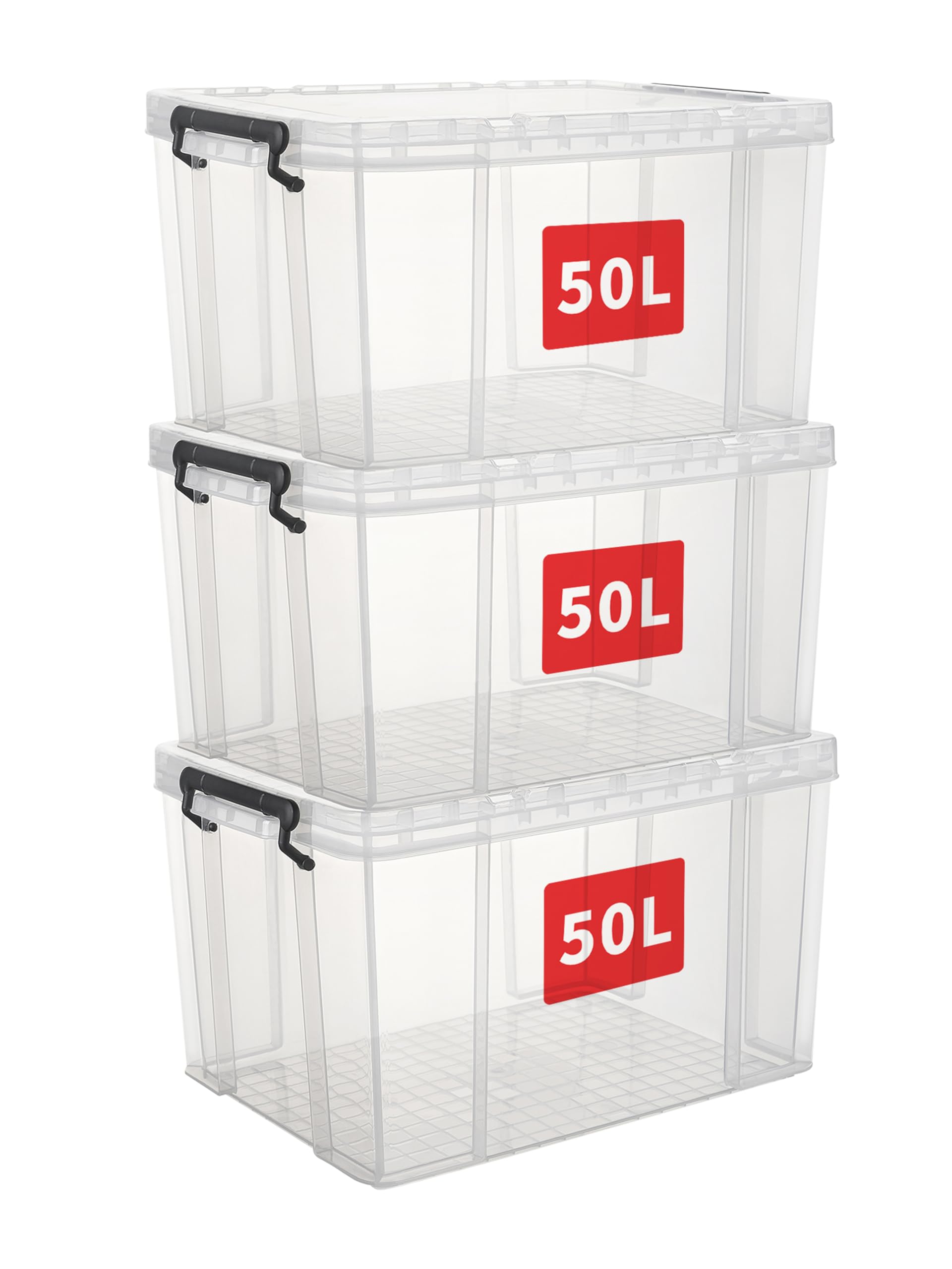 Cetomo 50L Stackable Clear Plastic Storage Boxes with Lids – 3 Pack