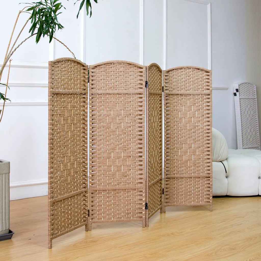 Furnnylane 4 Panel Light Brown Rattan Divider Short Room Partition Screen,Double Sided Short Folding Divider for Room Separation,120 cm Tall