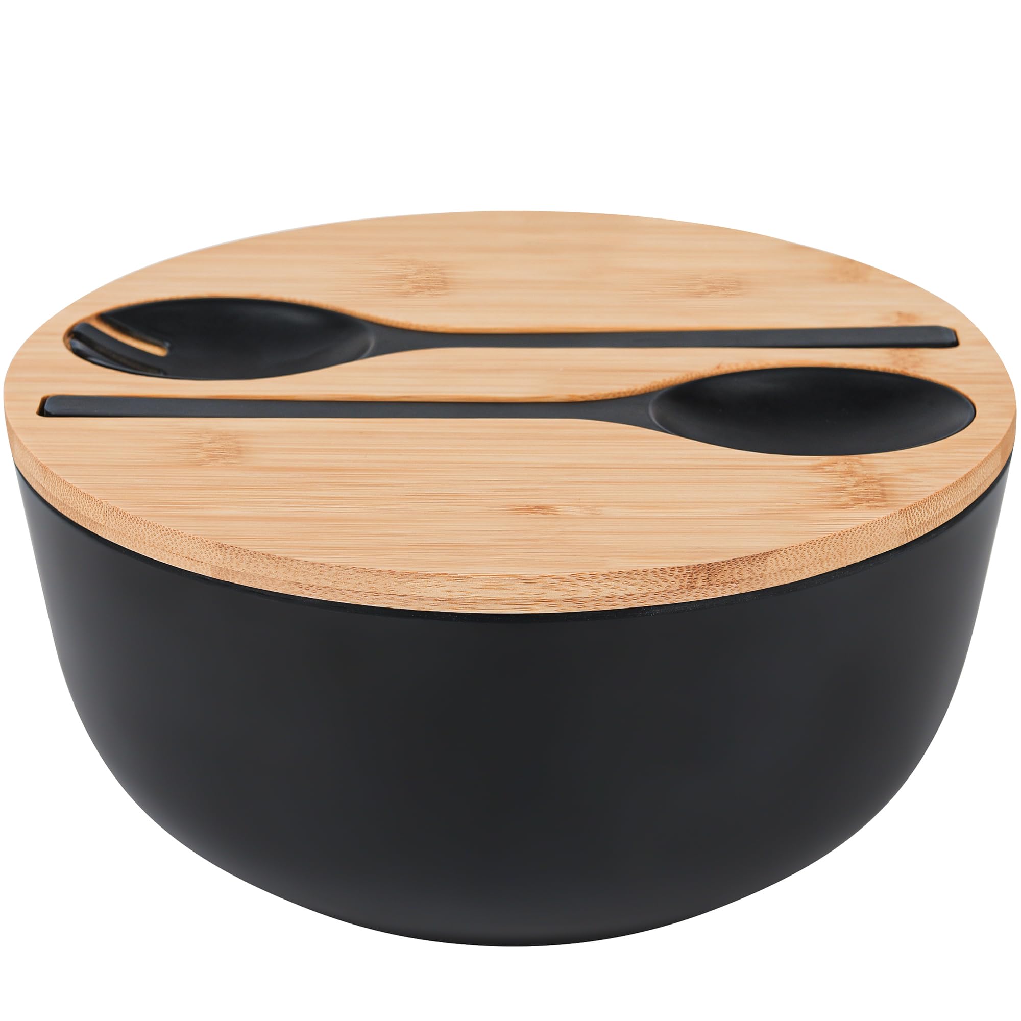 GEHE Bamboo Salad Bowl with Servers - 9.8 Inch Wooden Mixing Bowl with Lid