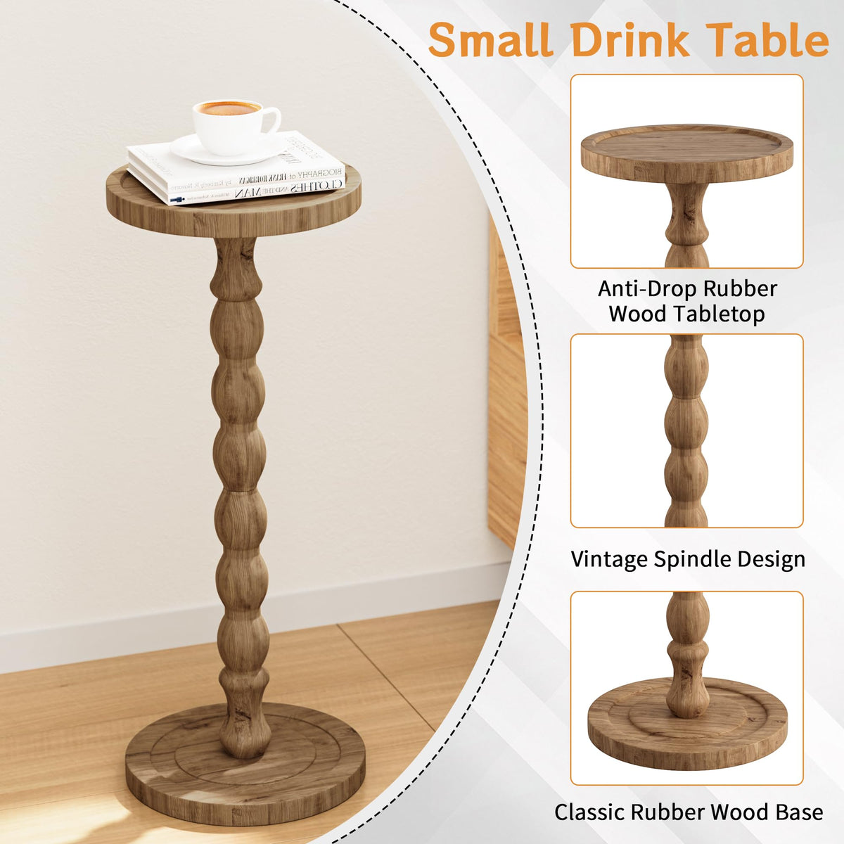 Wooden Round Side Table, Round Bar Table,Small End Table-Dunkle Holzfarbe - image 5