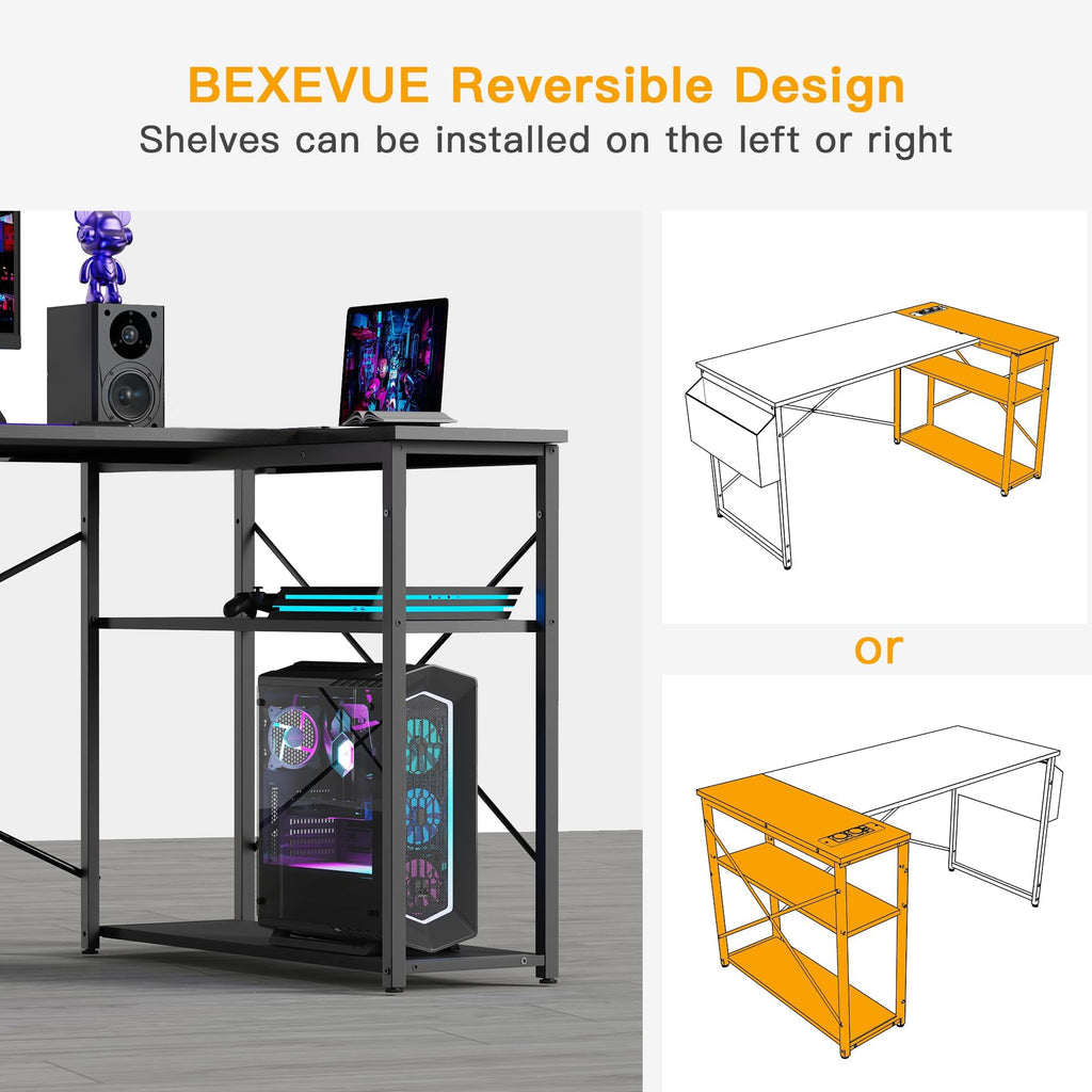 BEXEVUE L-Shaped Gaming Desk | 100x70cm Computer Table with Shelves