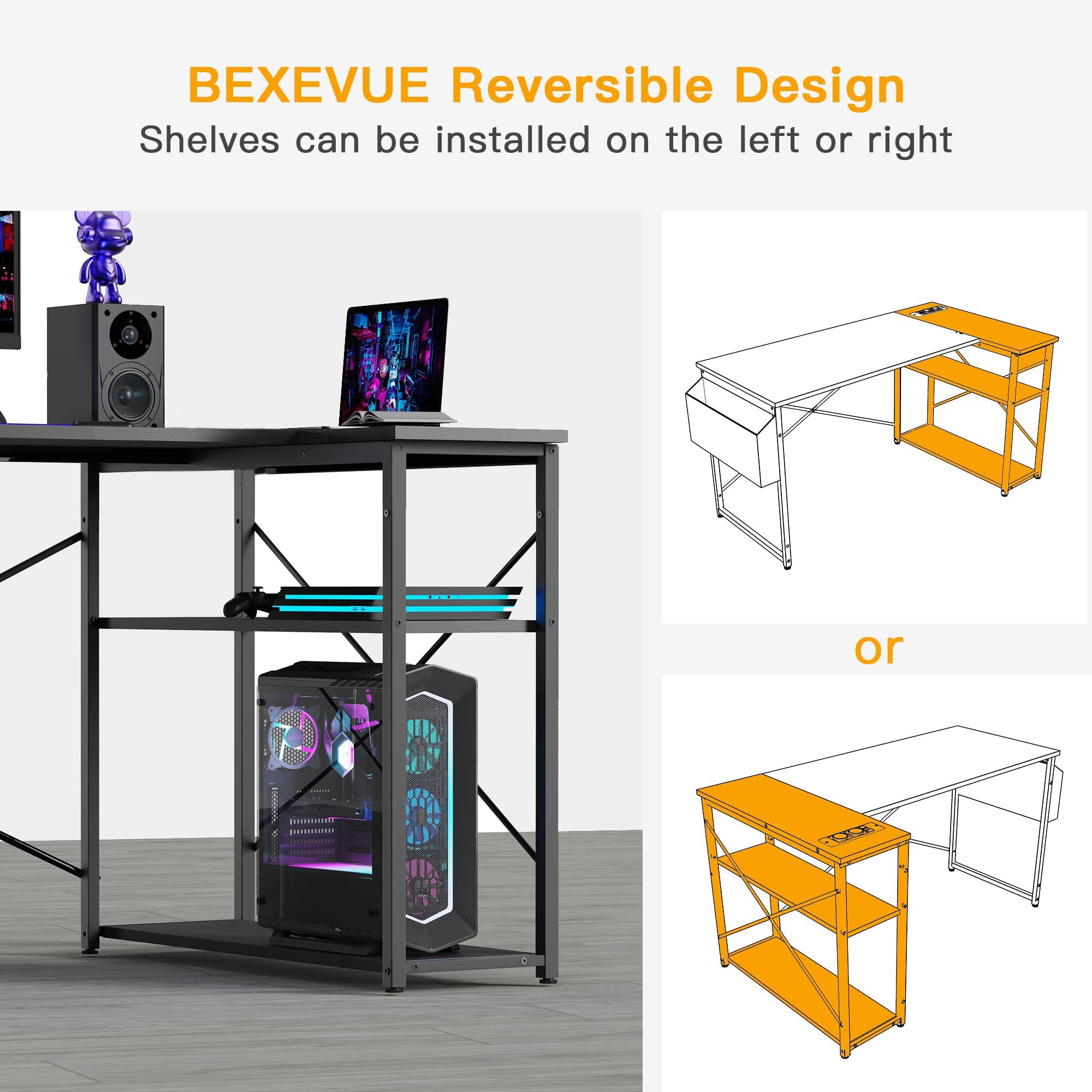 BEXEVUE L-Shaped Gaming Desk – 120x70cm Computer Table with Shelves