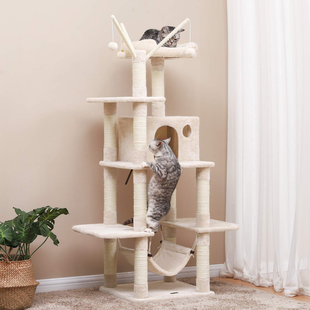 FEANDREA Cat Tree Tower with Condo, Hammock and Perch – Beige