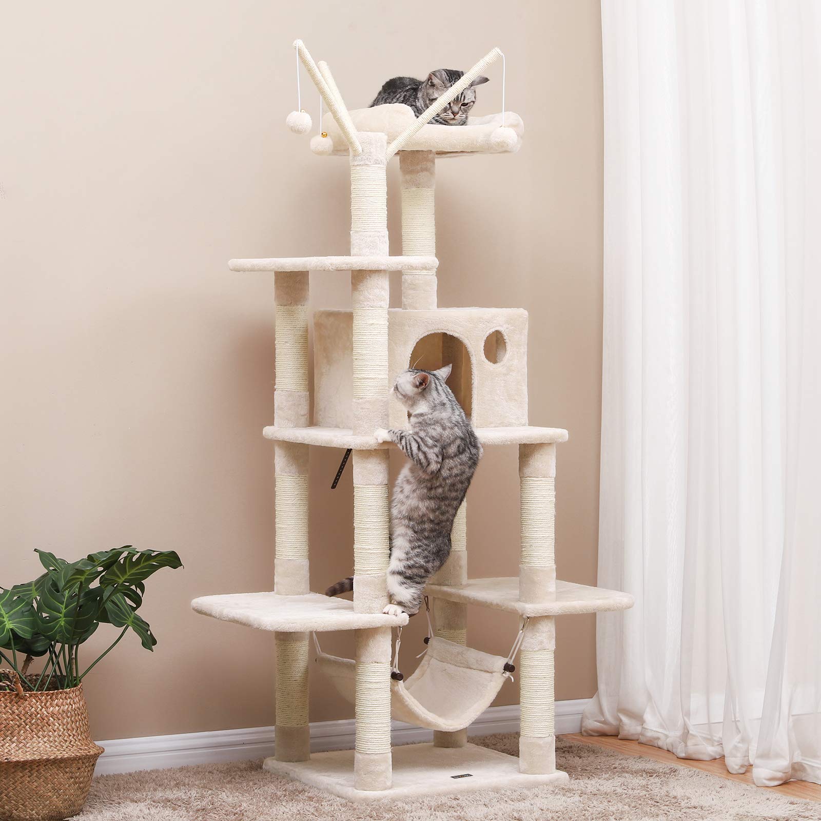 FEANDREA Cat Tree Tower with Condo, Hammock and Perch – Beige