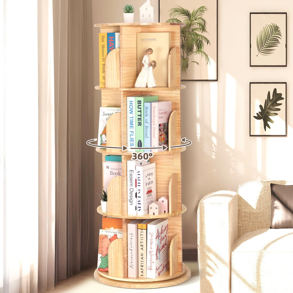 OOOK Wooden Rotating Bookshelf, 4-Tier 360° Spinning Solid Wood Revolving Bookcase, Space-Saving Floor Standing Spinning Bookshelf for Study Room - image 2