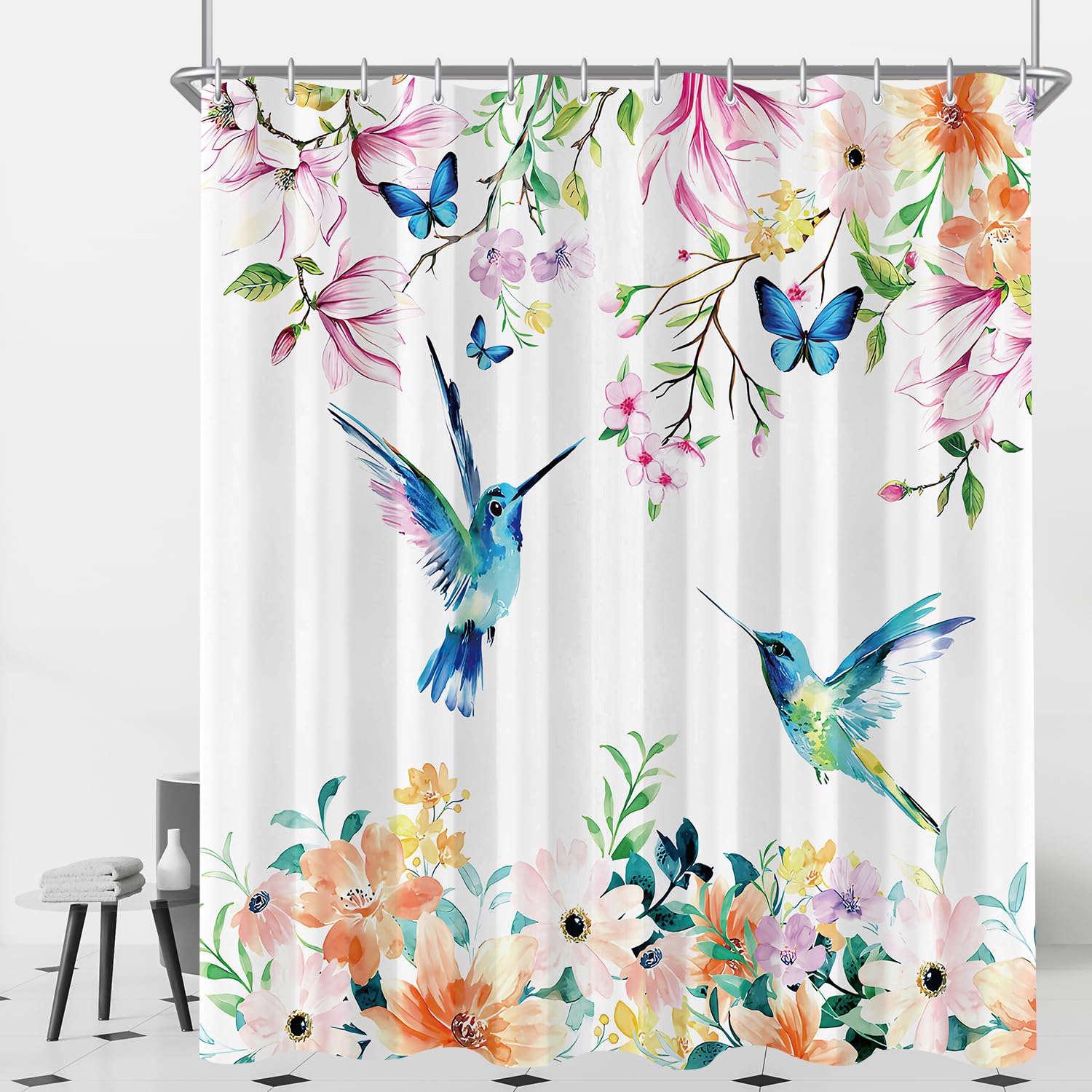 Lerores Pink Floral Bird Shower Curtain - 120x200cm Anti-Mould Polyester