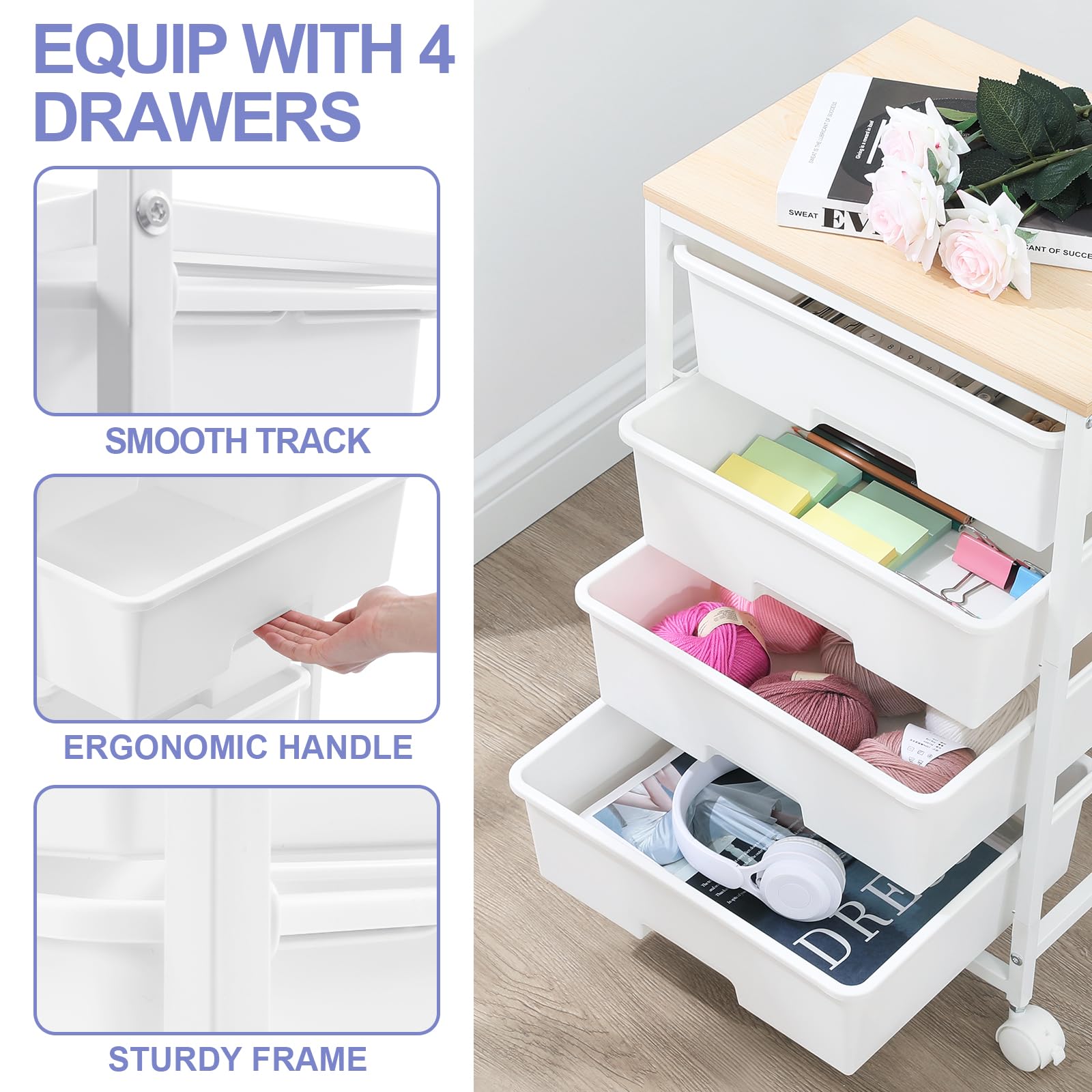 SYKIARIOL 4-Drawer Rolling Storage Cart with Wooden Top | Bright White