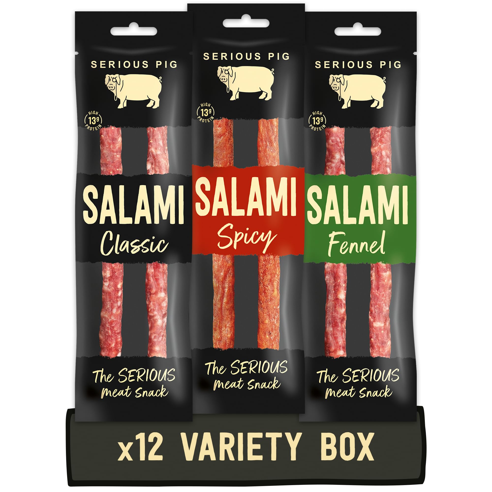 Serious Pig Salami Snacks Variety Pack | Keto British Cured Pork (12 x 30g)