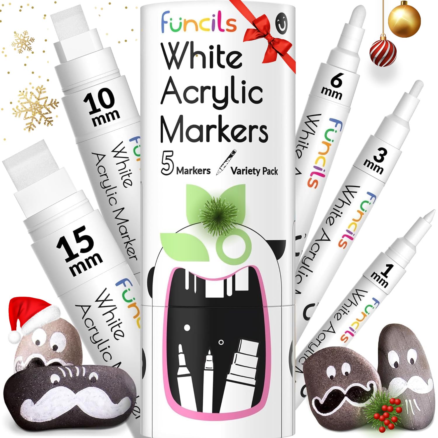 Funcils White Acrylic Paint Pens – 5 Pack Fine to Jumbo Sizes (1-15mm)