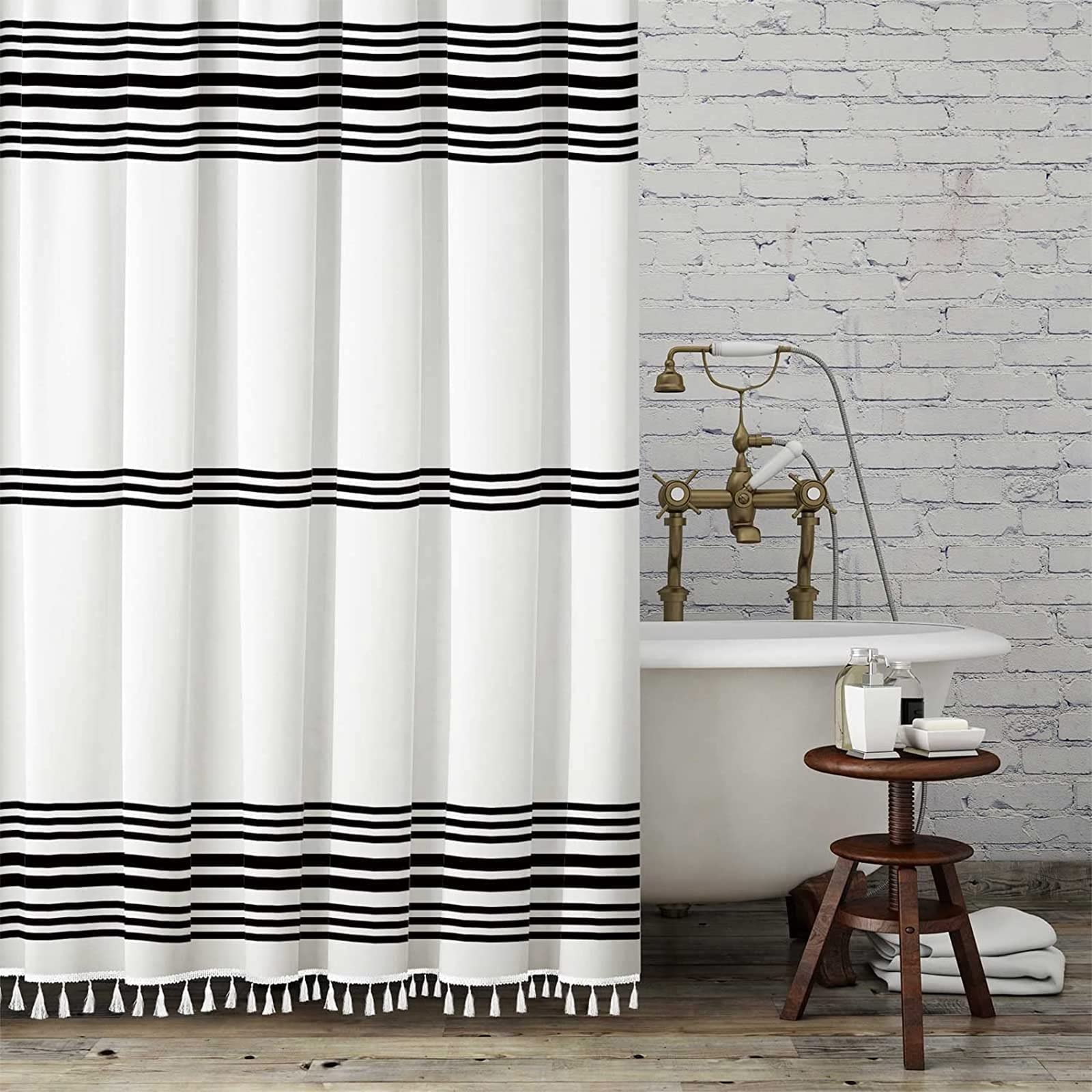 Seasonwood Striped Farmhouse Shower Curtain with Tassels - 72 x 72