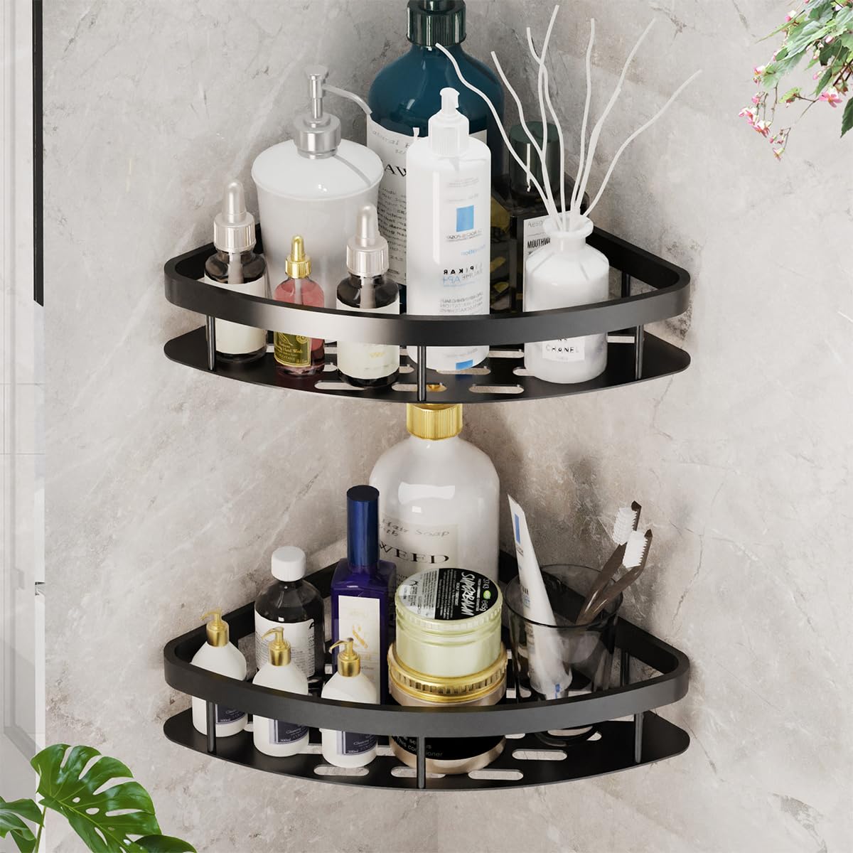 JUVEL Corner Shower Shelf - 2 Pack Matte Stainless Steel Adhesive Caddy