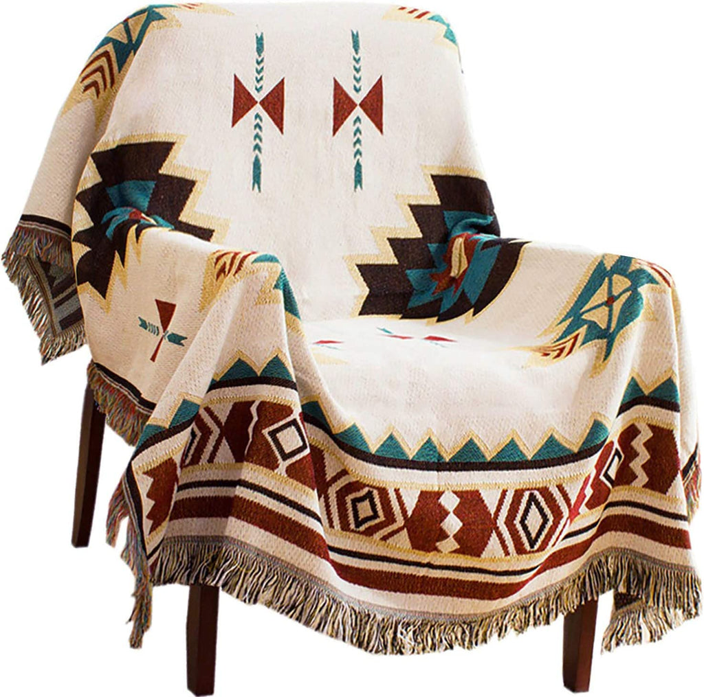 VANJOROY Aztec Cotton Throw Blanket – Handwoven Tribal Boho Sofa Cover