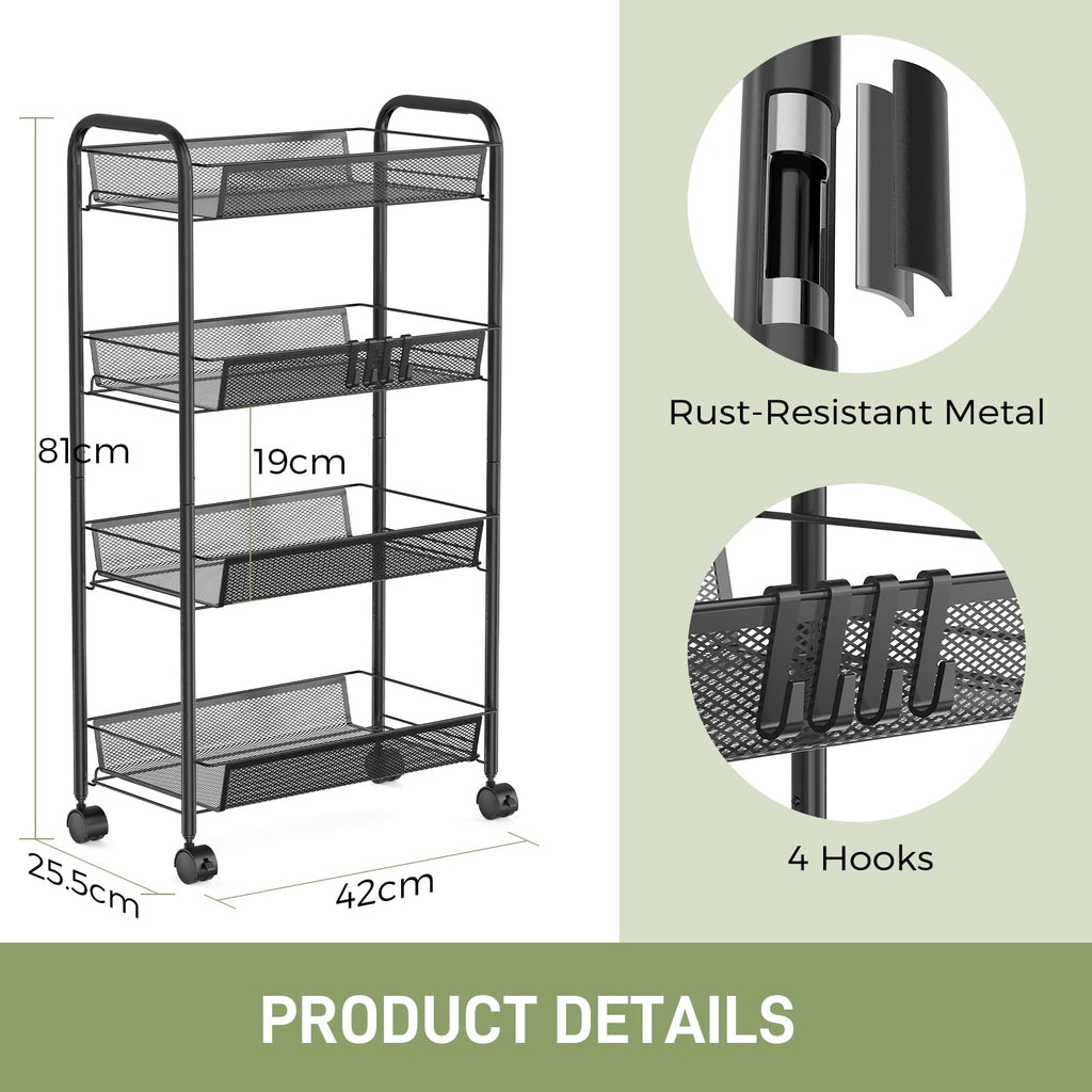 WELDUN 4-Tier Storage Trolley, Meatl Rolling Cart, Mesh Storage Cart Black - image 2