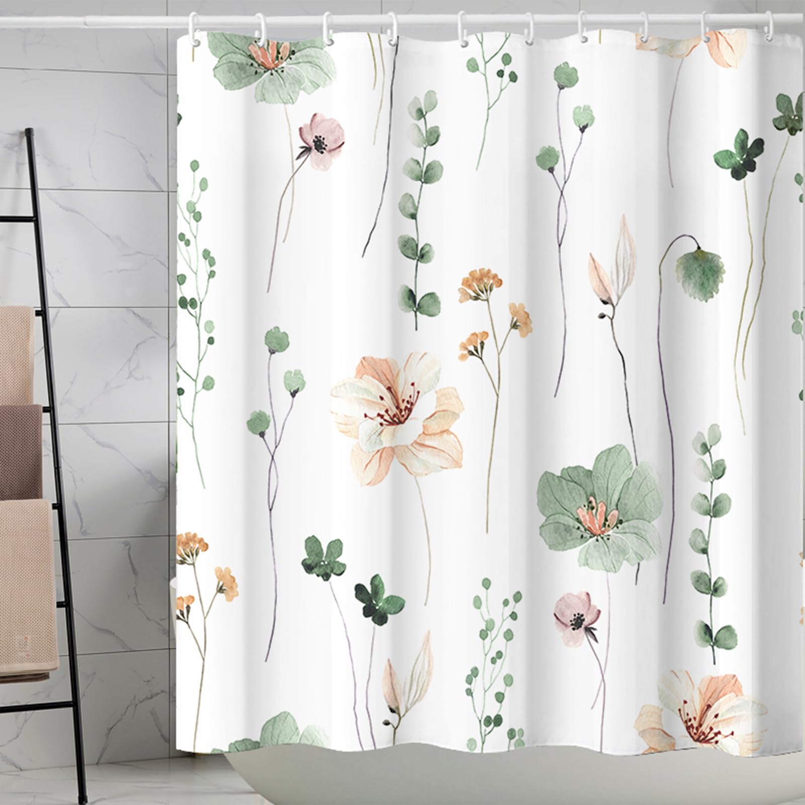EZESO Floral Shower Curtain | 3D Plant Polyester Fabric, 180x200cm