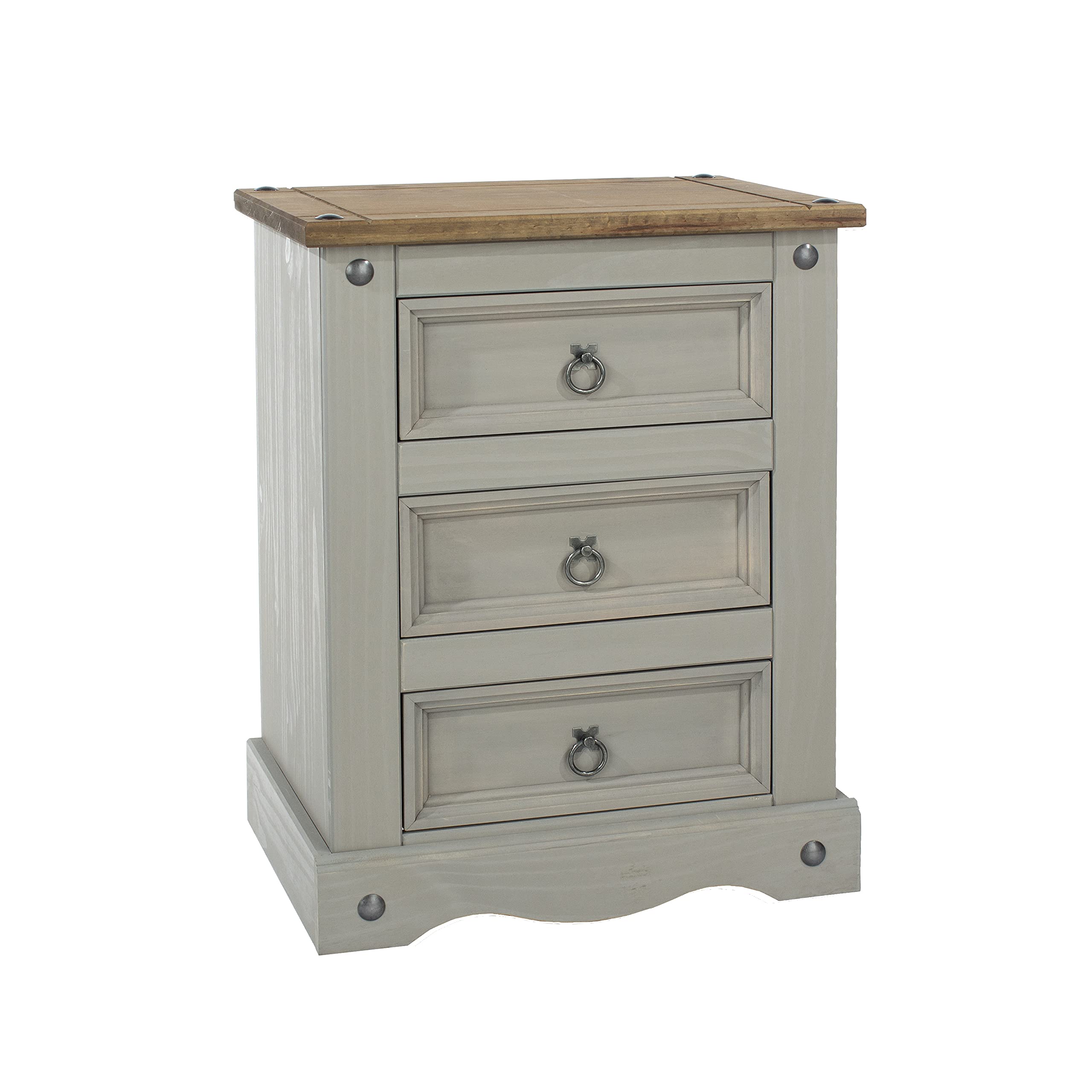Home Source Grey Pine Wood 3 Drawer Bedside Nightstand – Farmhouse Style