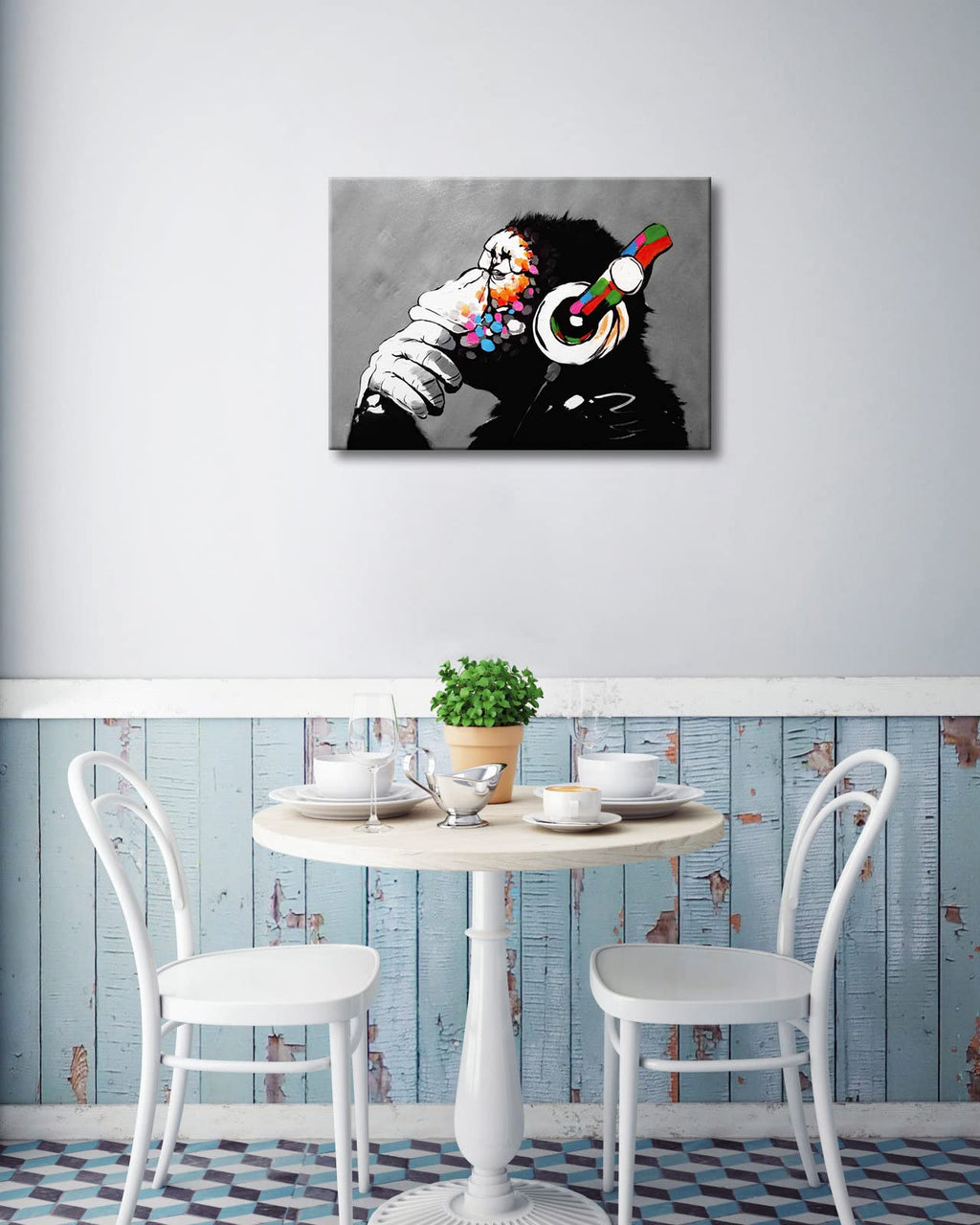 Banksy Monkey with Headphones Graffiti Canvas Art – 20x28in