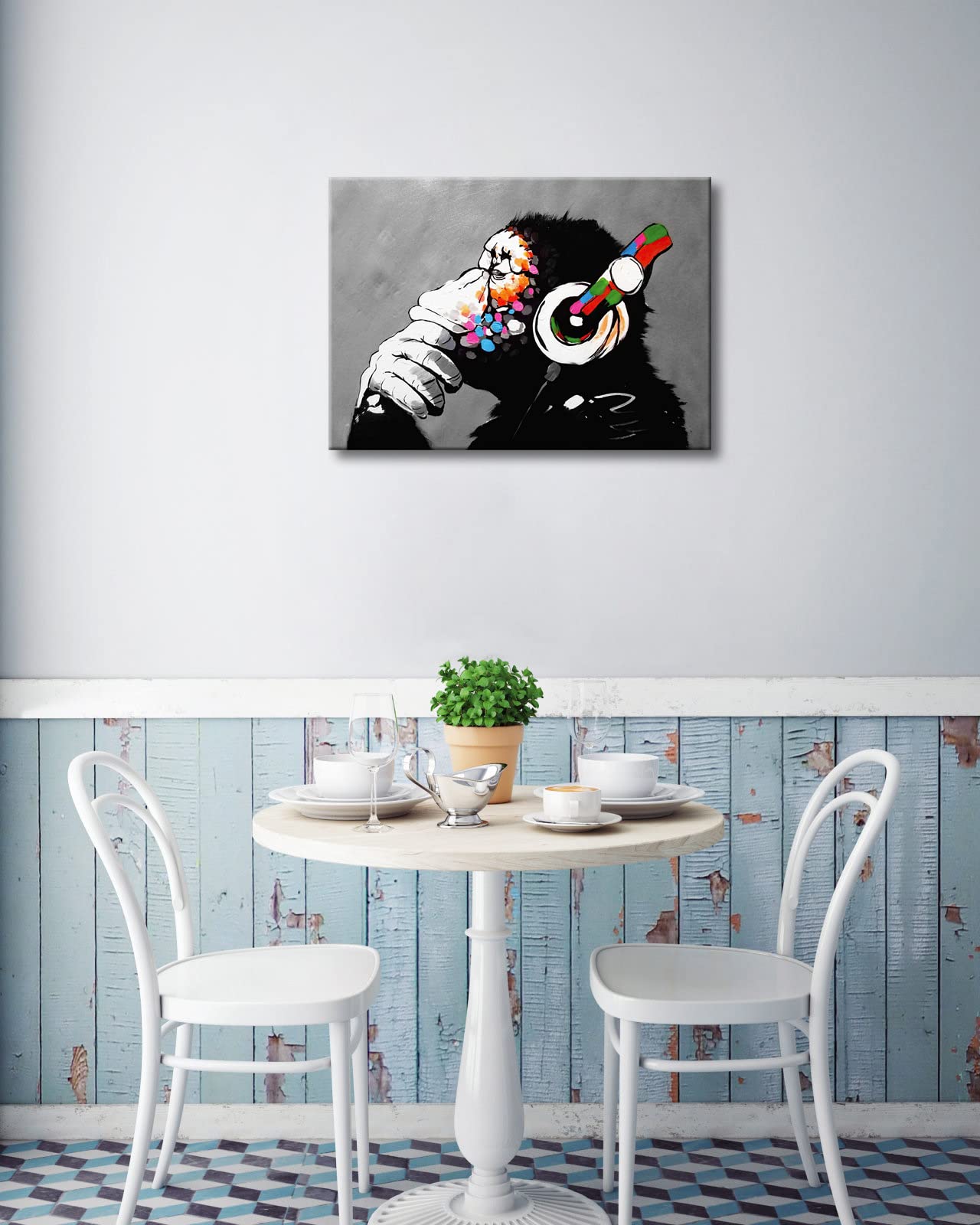 Banksy Monkey with Headphones Graffiti Canvas Art – 20x28in