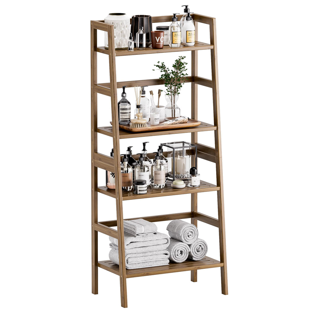 HITNET 4-Tier Bamboo Ladder Bookcase – Leaning Storage Shelf, Walnut