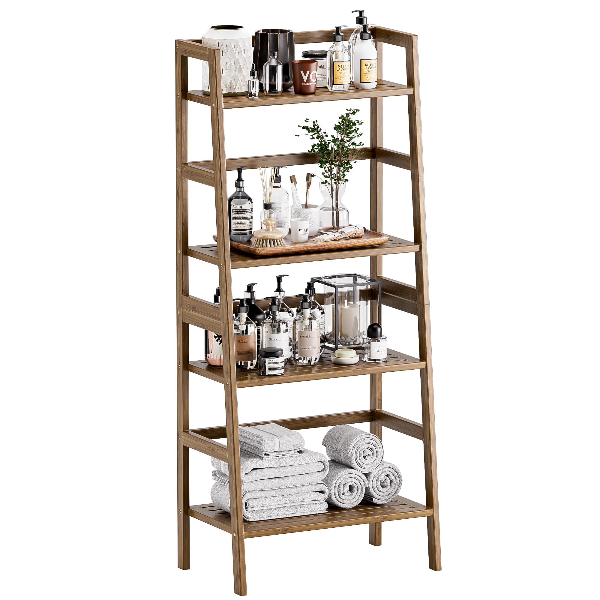 HITNET 4-Tier Bamboo Ladder Bookcase – Leaning Storage Shelf, Walnut