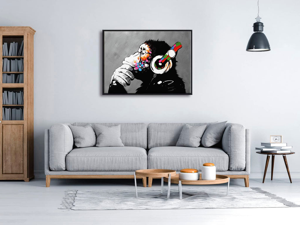 Banksy Monkey with Headphones Framed Canvas Wall Art – 29x21