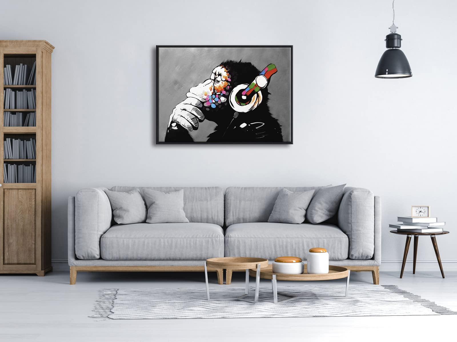 Banksy Monkey with Headphones Framed Canvas Wall Art – 29x21
