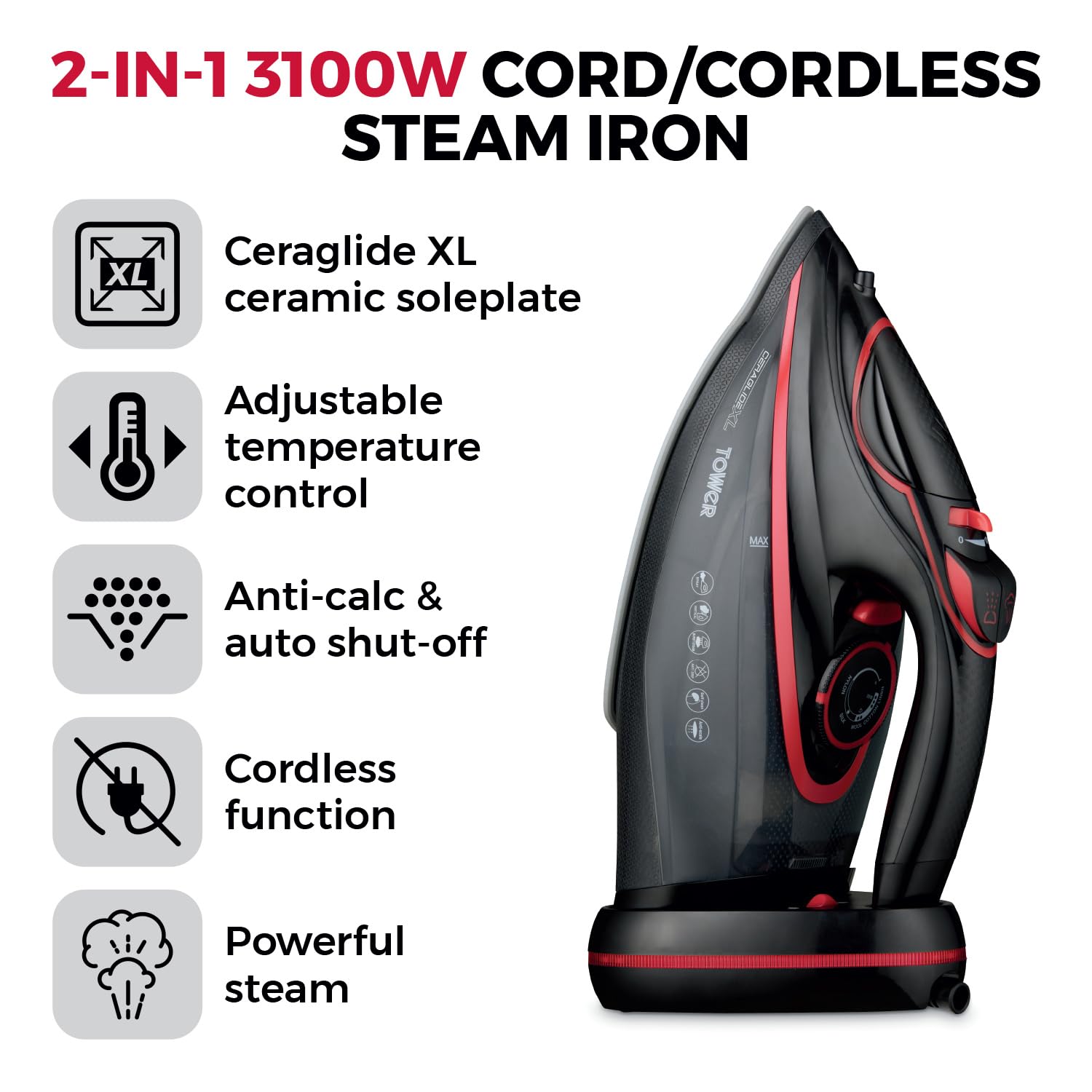 Tower 3100W Cordless Steam Iron | Ceraglide XL Ceramic Soleplate – Red