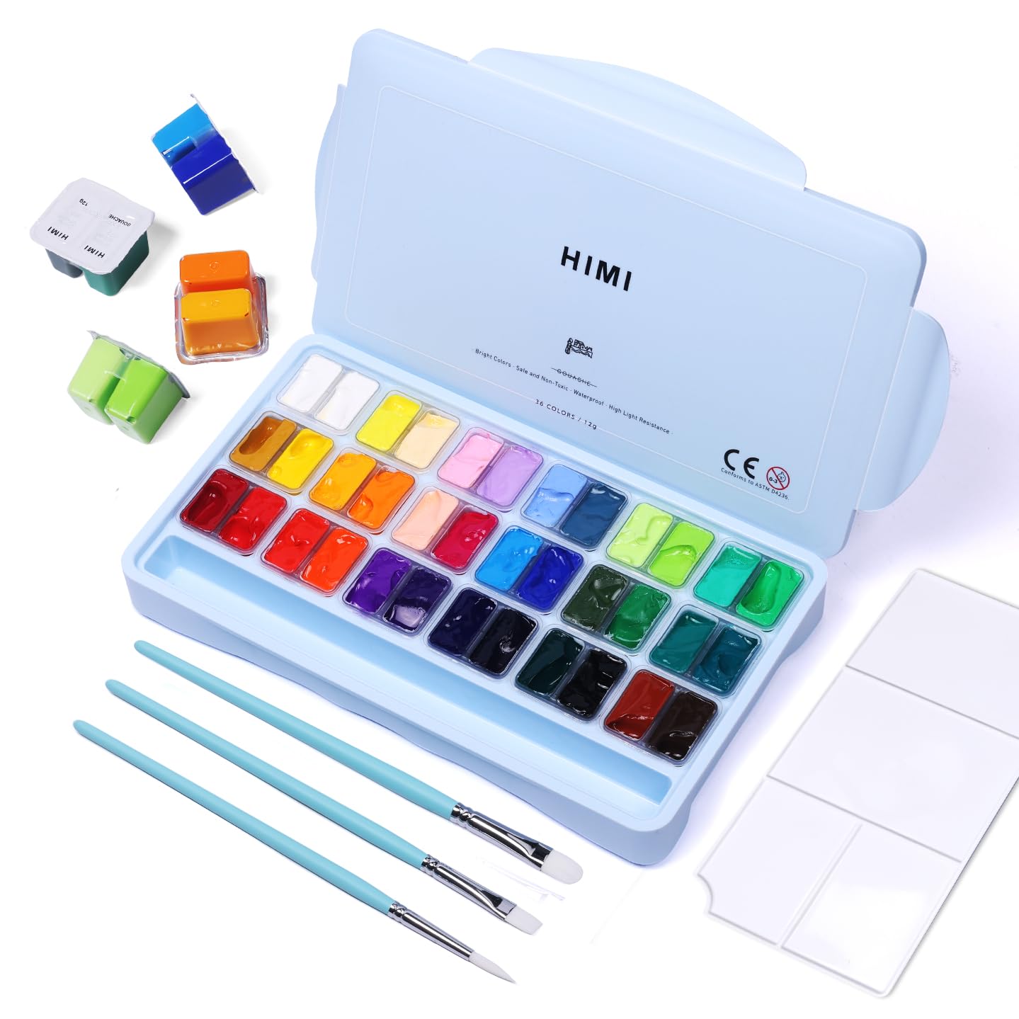 HIMI Gouache Paint Set – 36 Colors Twin Jelly Cup Kit with 3 Brushes