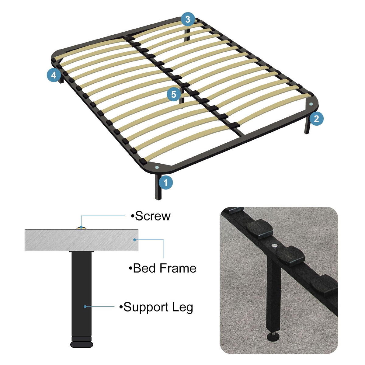sourcing map Adjustable Height Bed Frame Support Legs Replacement Bed Rail Support Center Frame Slat Feet Risers200mm-220mm/7.9"-8.7", Black