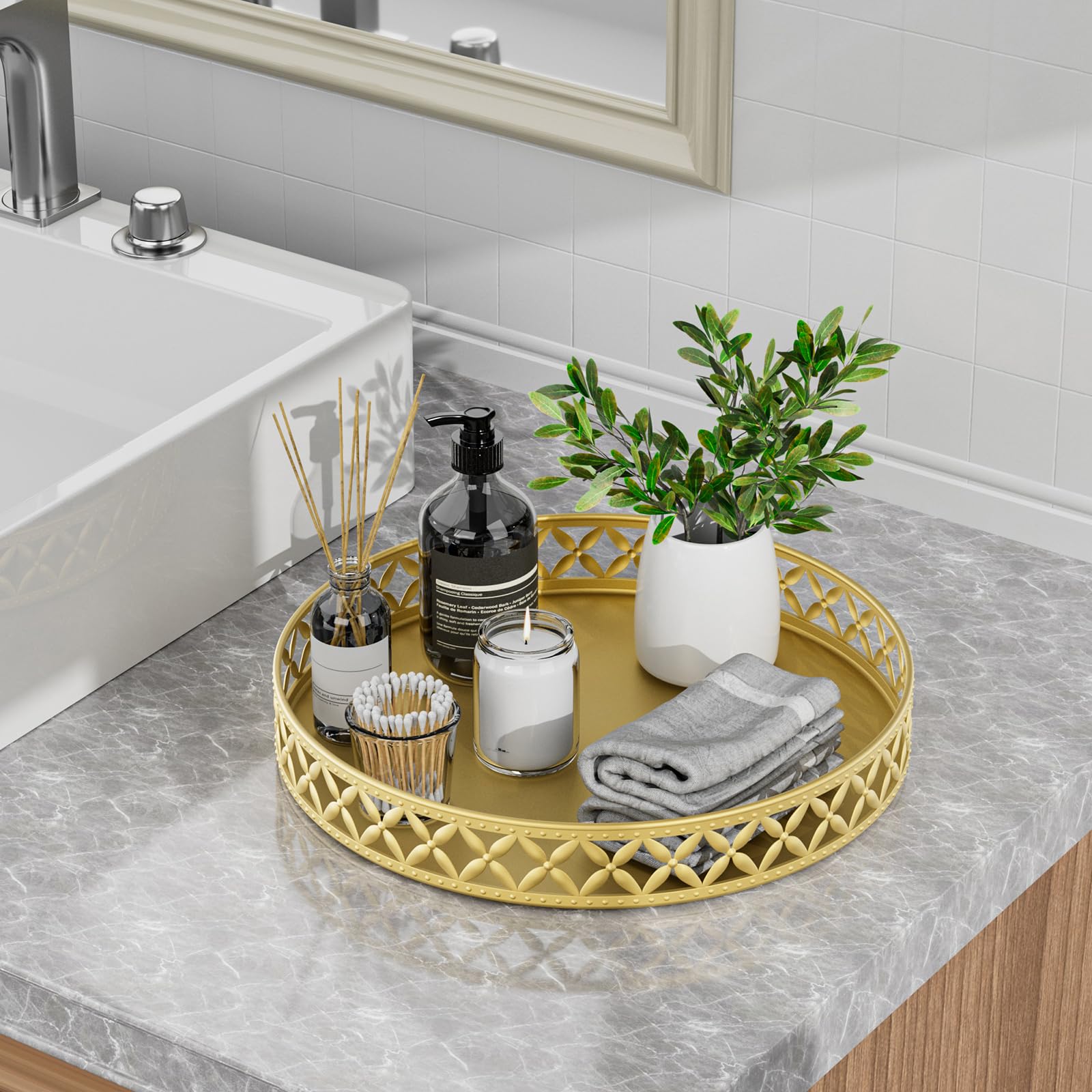 EKNITEY Gold Round Vanity Tray – Modern Metal Bathroom Counter Organizer