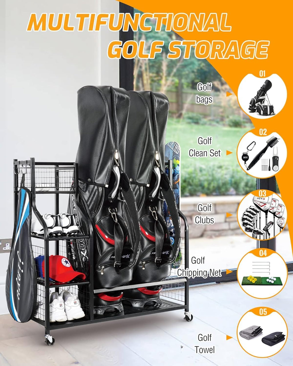 TEKXDD Extra Large Golf Bag Storage Rack with Wheels – Rolling Organizer