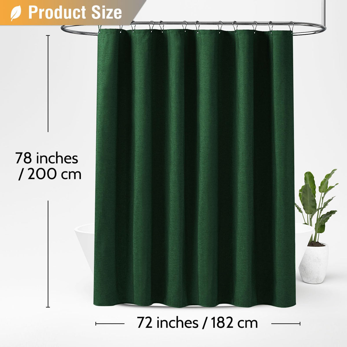 BTTN Linen Look Shower Curtain, Waterproof, 182x200cm, Emerald Green