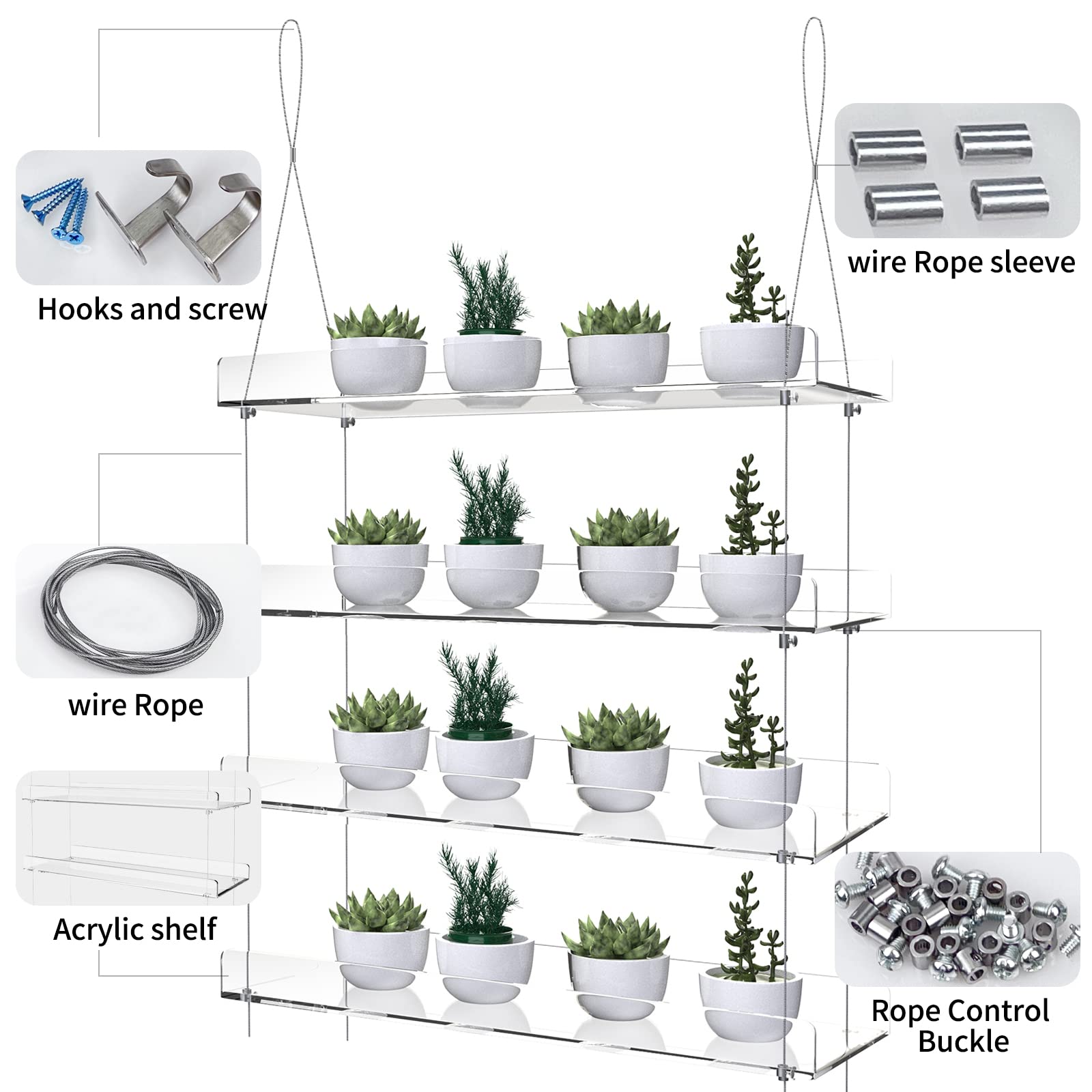 ZerzSemp 4-Tier Hanging Acrylic Window Plant Shelves | Clear Adjustable Stand
