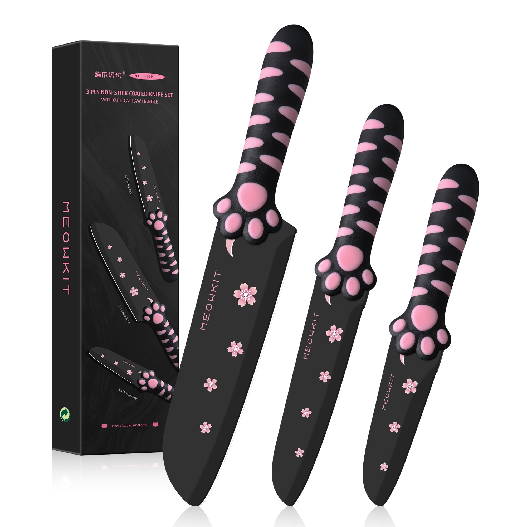 MEOWKIT 3-Piece Kitchen Knife Set – Cat Paw Handle Non-Stick Cutlery