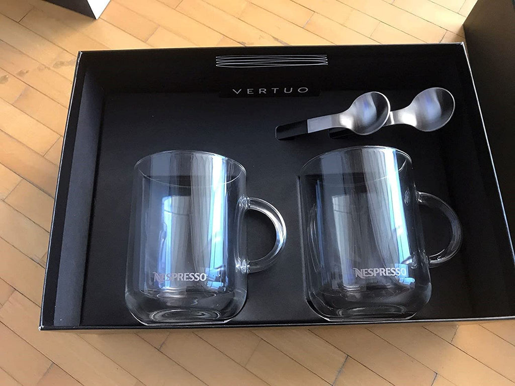 Nespresso Vertuo Coffee Mug Set - 2 Tempered Glass Cups with Spoons