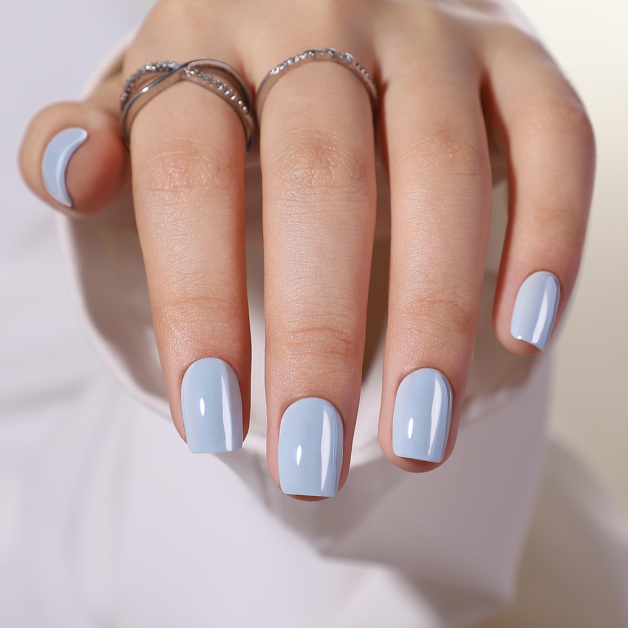 Findigit Blue Glossy Square Press On Nails – Short Chrome Soft Gel Kit