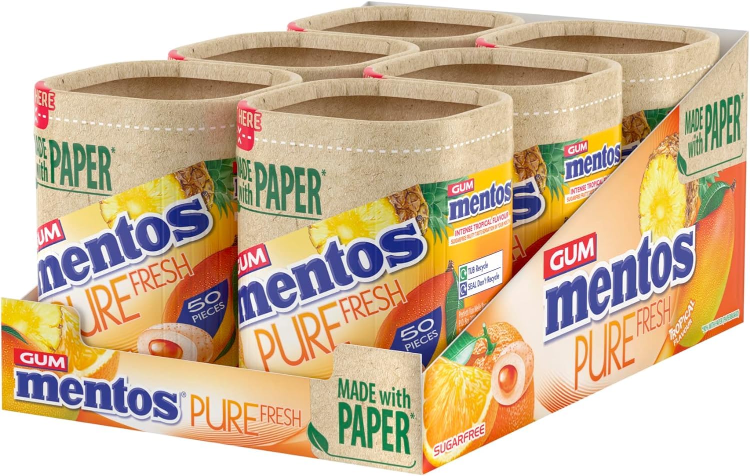 Mentos Pure Fresh Tropical Sugarfree Chewing Gum - 6 x 50 Pieces