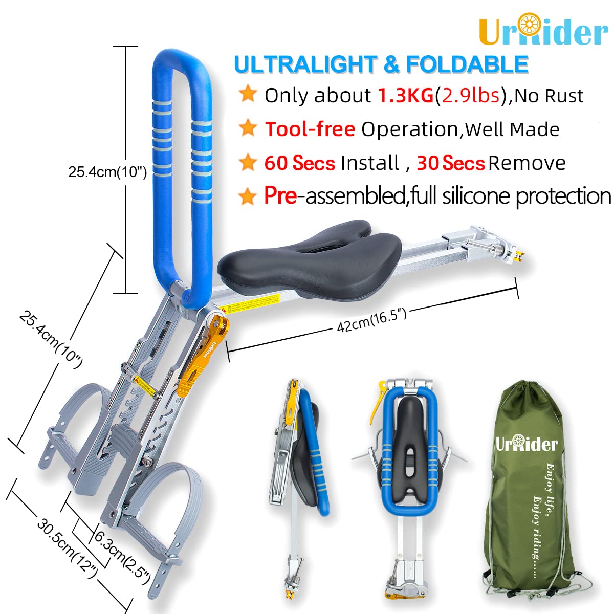UrRider Front Mount Child Bike Seat – Portable Aluminum Seat for Ages 2-6