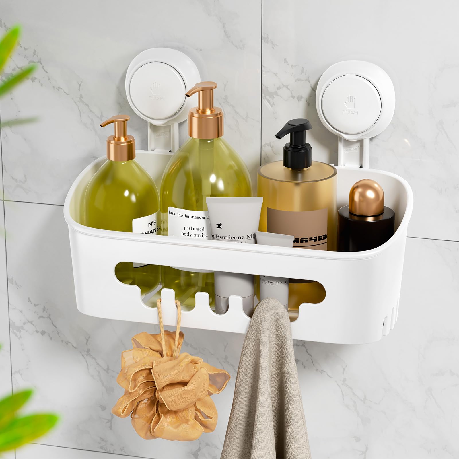 LEVERLOC Suction Shower Caddy – No Drilling Bathroom Storage Shelf, White