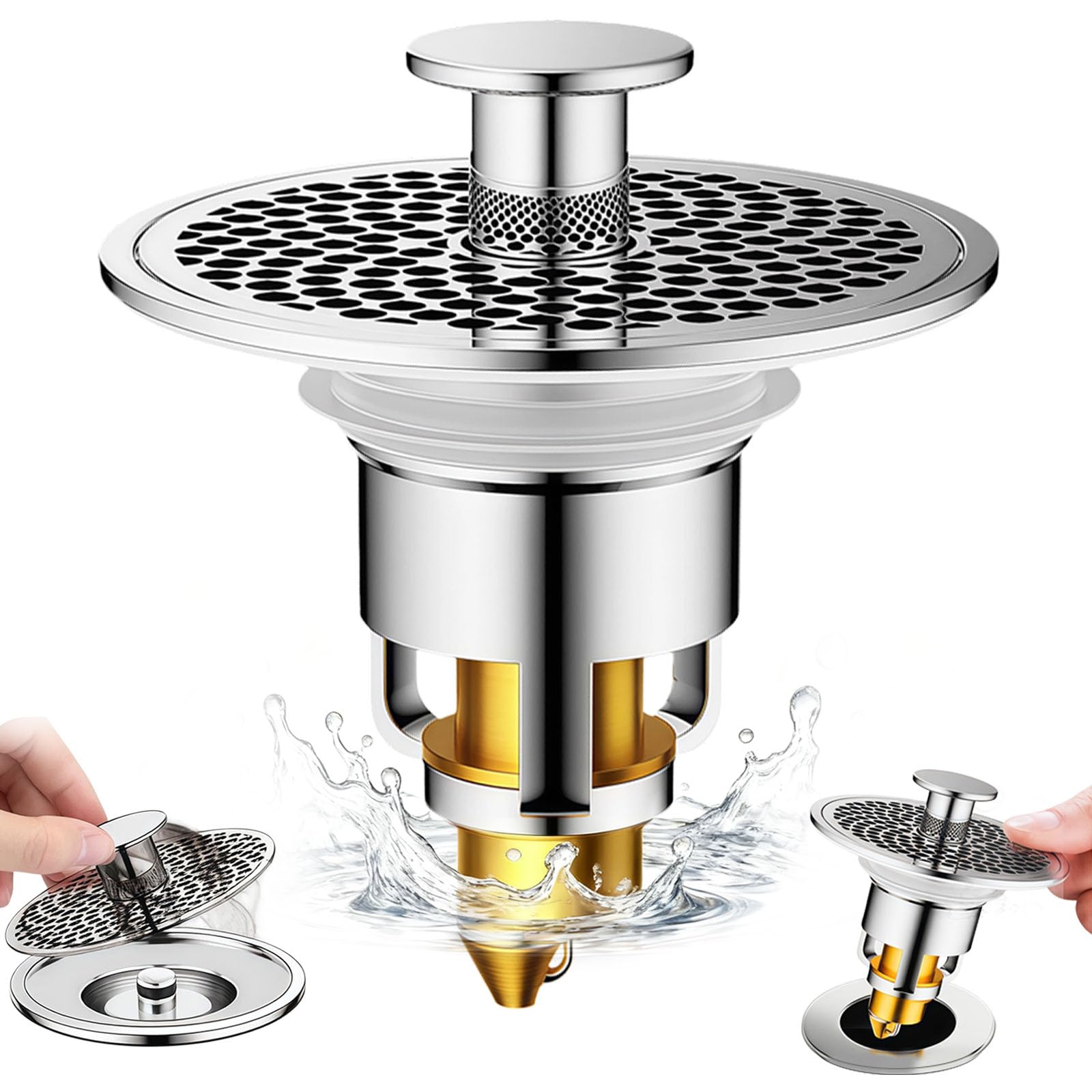 Universal Pop Up Sink Plug – 3-in-1 Stainless Steel Hair Catcher