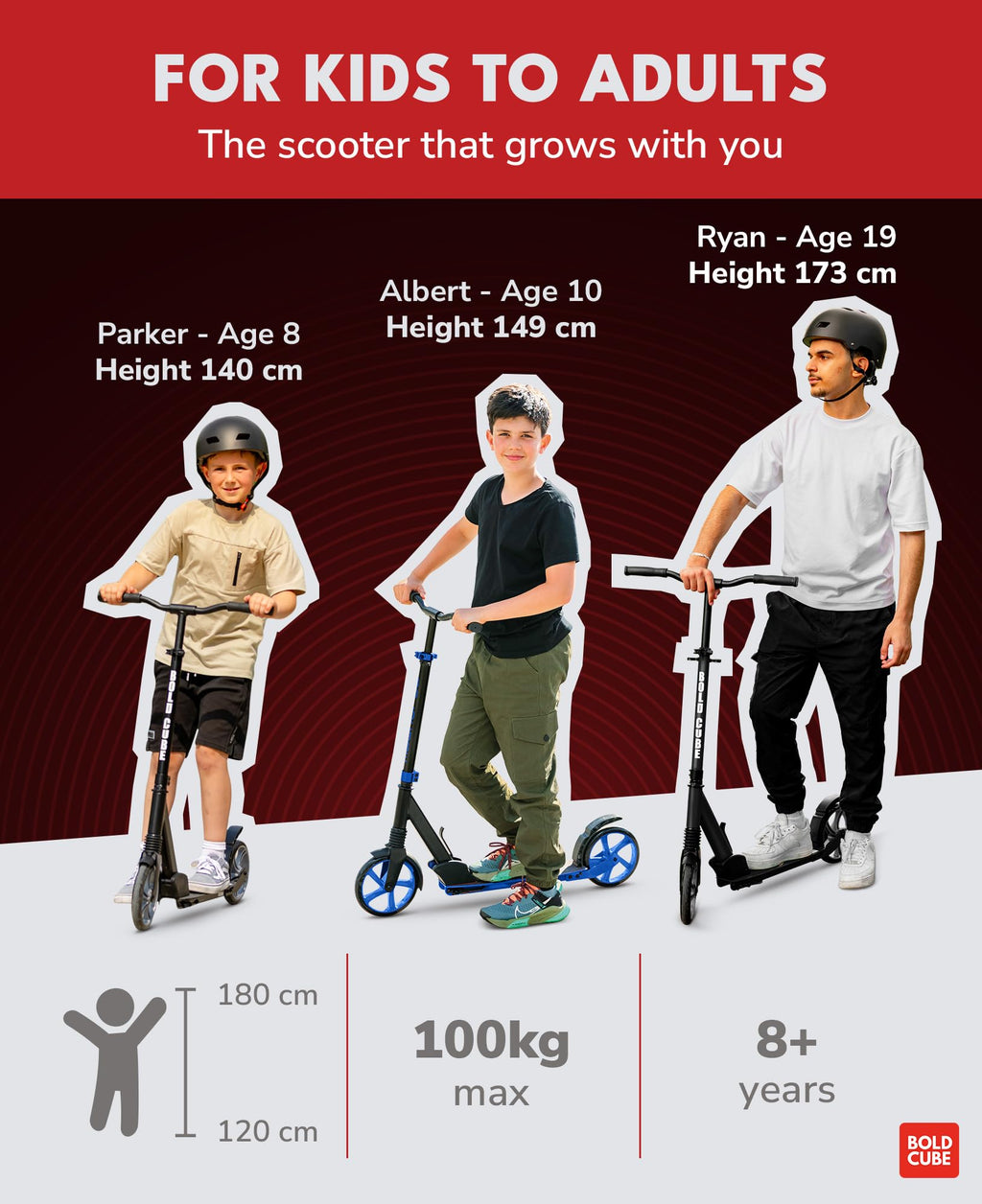 BOLDCUBE Big 2 Wheel Scooter for Kids & Teens – 200mm Wheels, Burgundy
