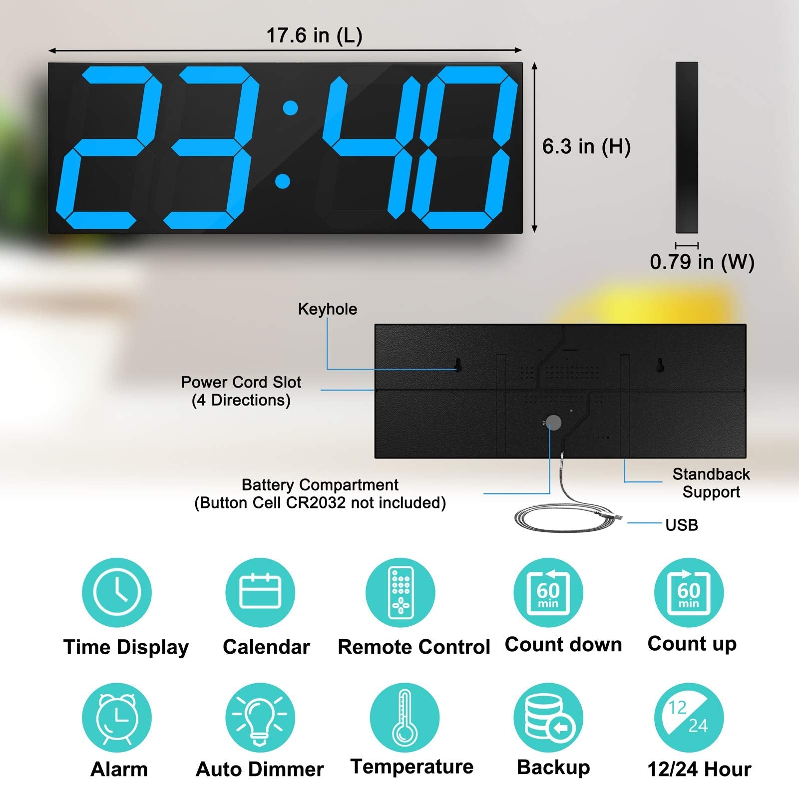 CHKOSDA 18" Large Digital LED Wall Clock with Countdown Timer – Ice Blue