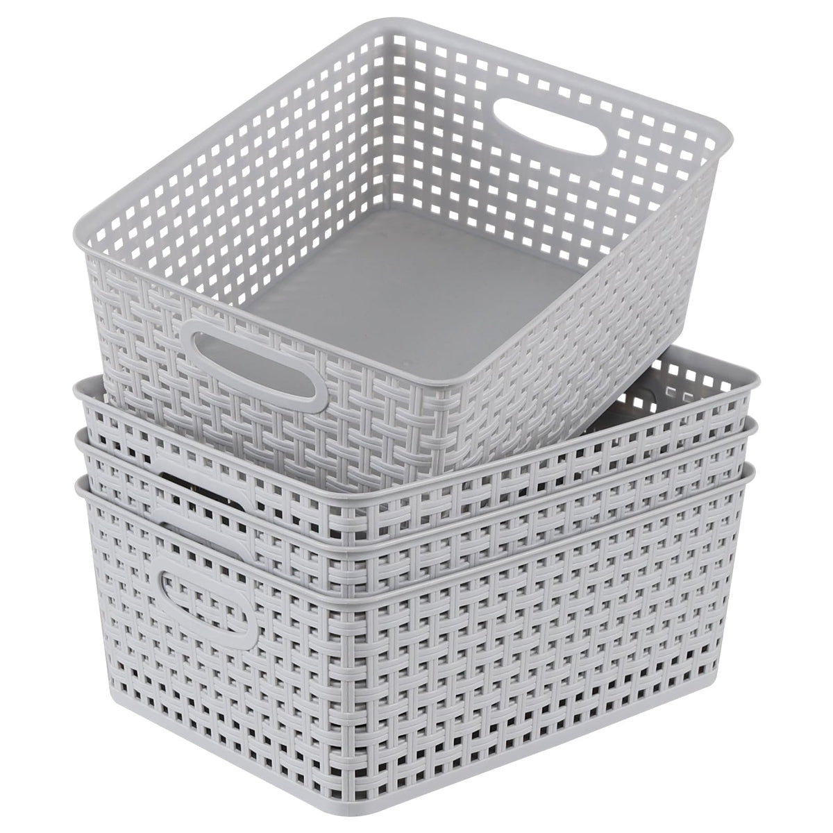 Yuright 4 Pack Plastic Woven Storage Baskets for Desktop Shelf, Light Gray - image 1